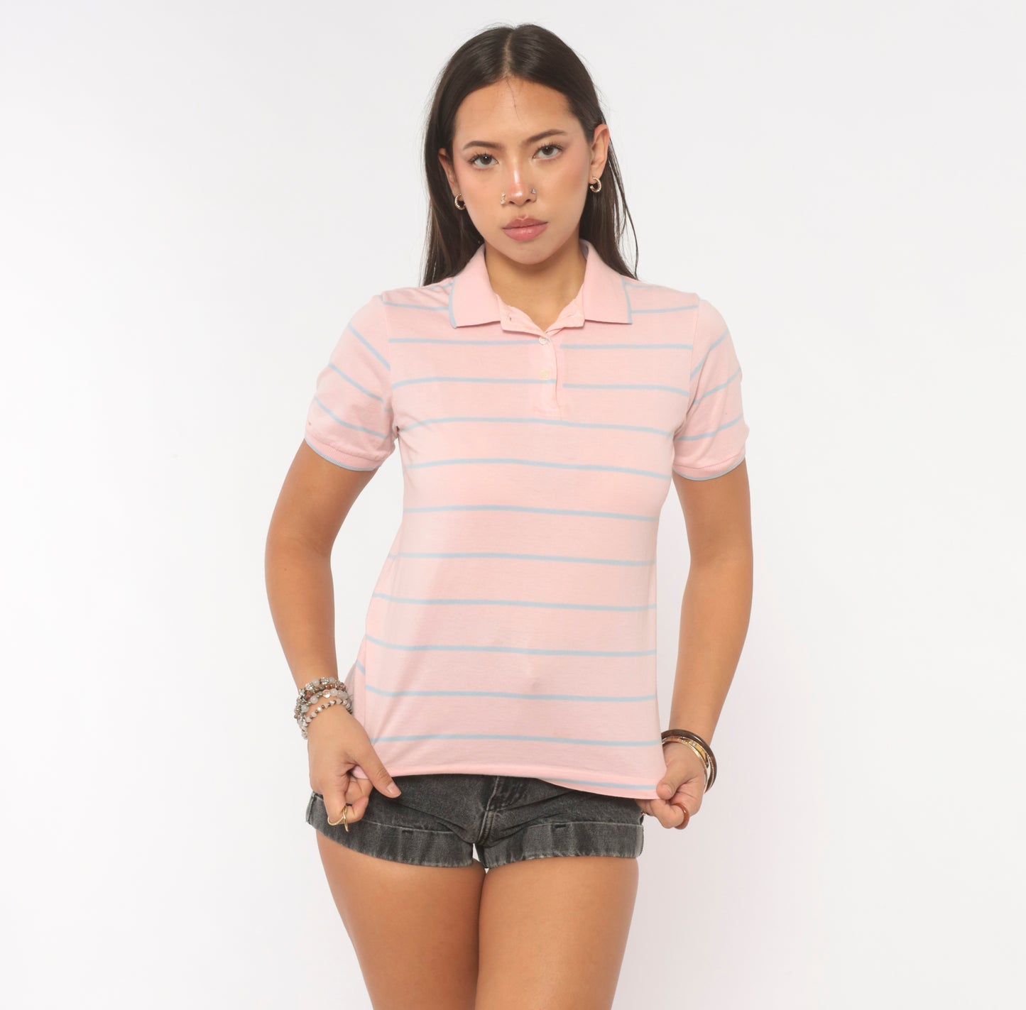 80s Christian Dior Polo Pink Striped Cotton Shirt Blush Sky Blue Stripe Preppy Collegiate Top Knit Tee Tennis Style Academic Vintage Small S