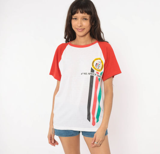 80s All Africa Games Tee Nairobi Kenya Raglan Baseball Shirt White Red Cotton Sports Event Collegiate Athletic Vintage Unisex Medium M