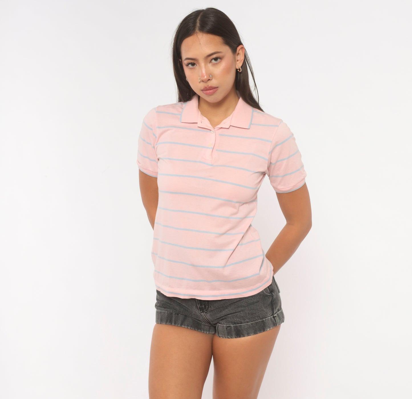 80s Christian Dior Polo Pink Striped Cotton Shirt Blush Sky Blue Stripe Preppy Collegiate Top Knit Tee Tennis Style Academic Vintage Small S