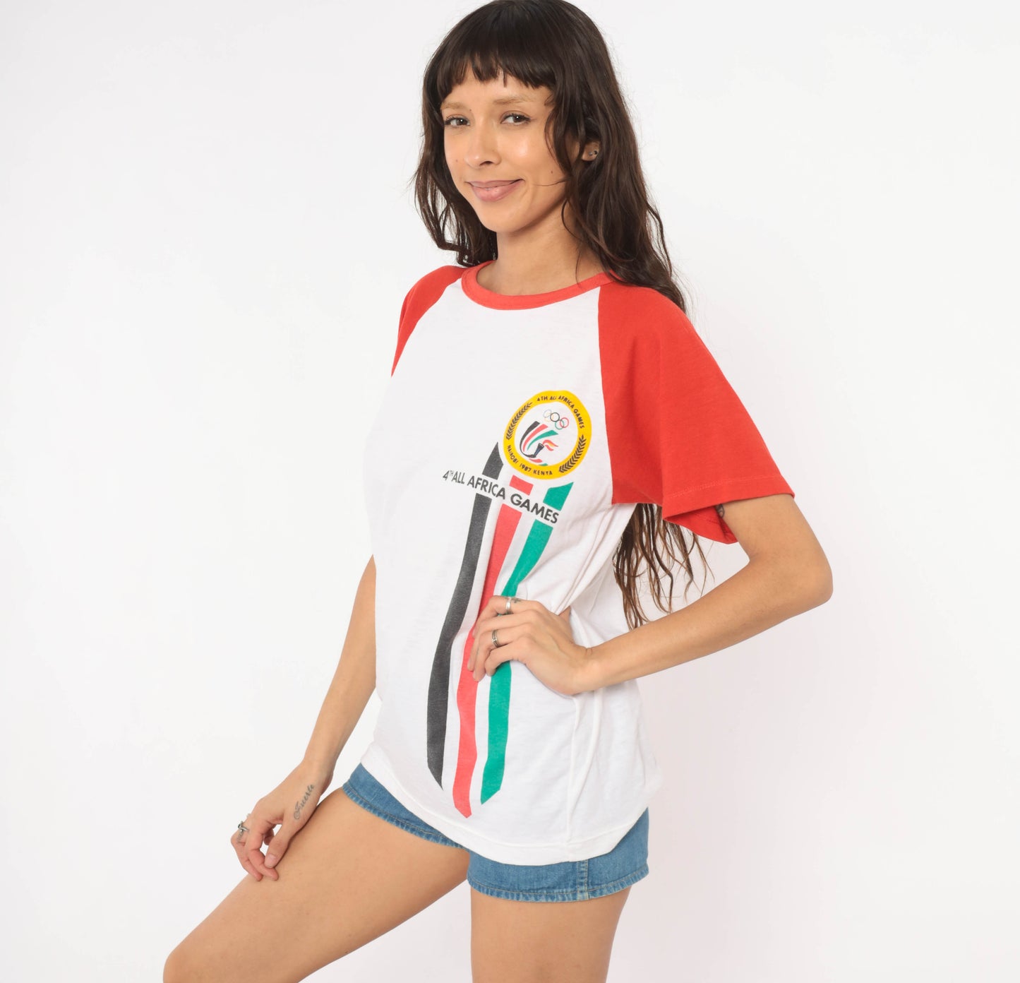 80s All Africa Games Tee Nairobi Kenya Raglan Baseball Shirt White Red Cotton Sports Event Collegiate Athletic Vintage Unisex Medium M