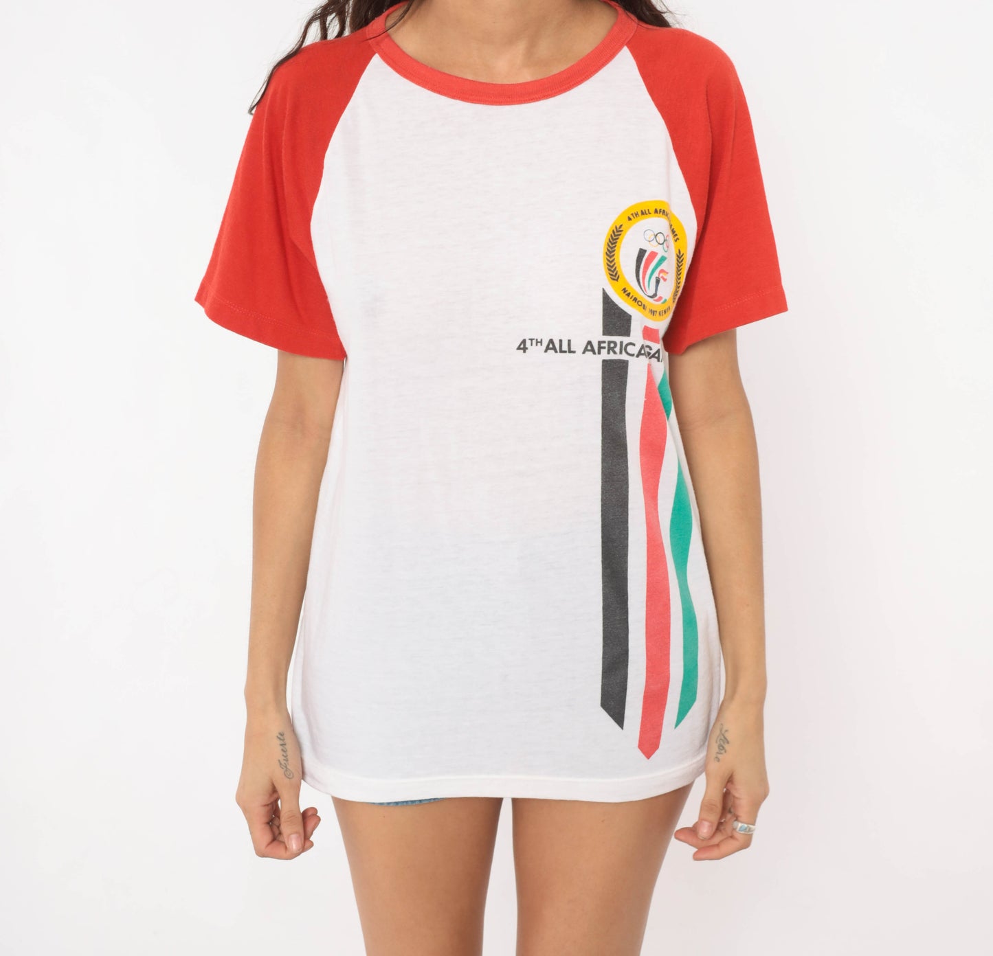80s All Africa Games Tee Nairobi Kenya Raglan Baseball Shirt White Red Cotton Sports Event Collegiate Athletic Vintage Unisex Medium M