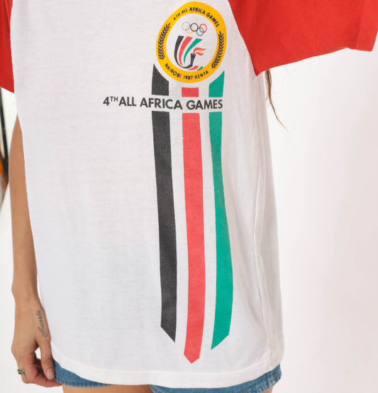 80s All Africa Games Tee Nairobi Kenya Raglan Baseball Shirt White Red Cotton Sports Event Collegiate Athletic Vintage Unisex Medium M