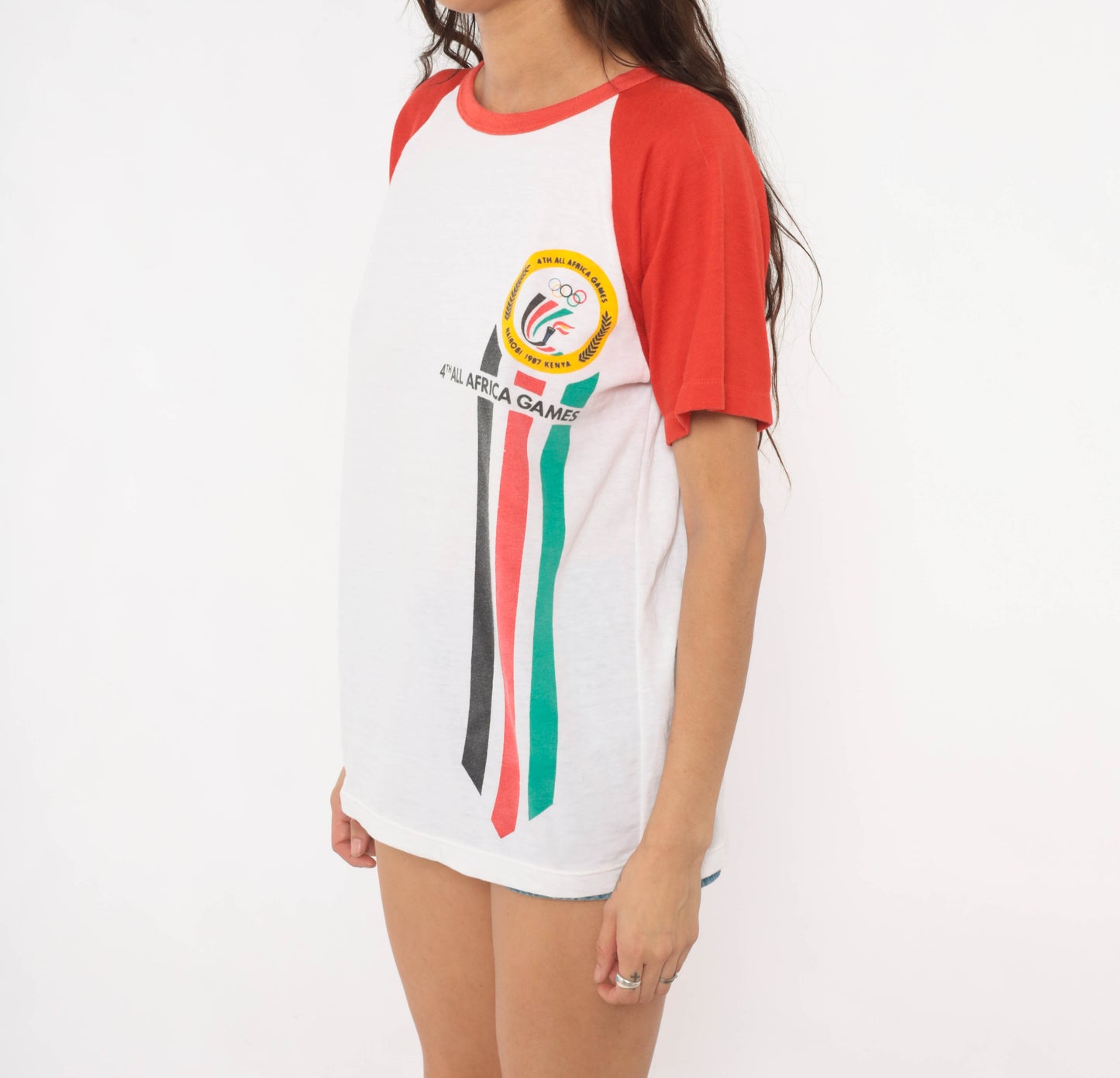 80s All Africa Games Tee Nairobi Kenya Raglan Baseball Shirt White Red Cotton Sports Event Collegiate Athletic Vintage Unisex Medium M