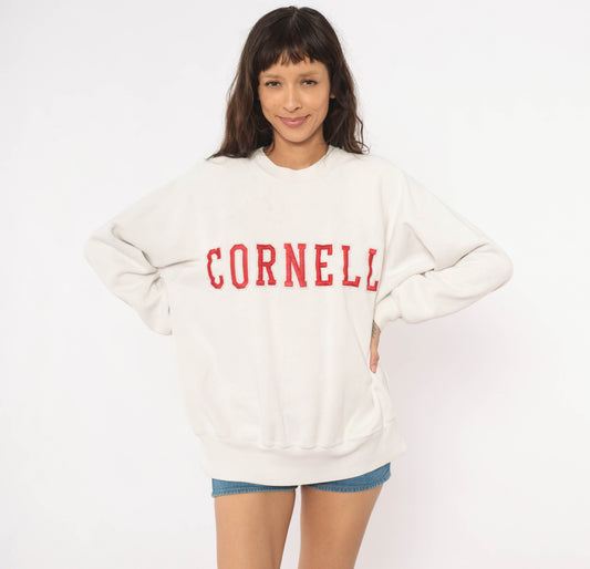 Cornell University Sweatshirt 90s Cream Collegiate Embroidered Raglan Pullover Preppy Academic Vintage  Sweater Campus Shirt Large L