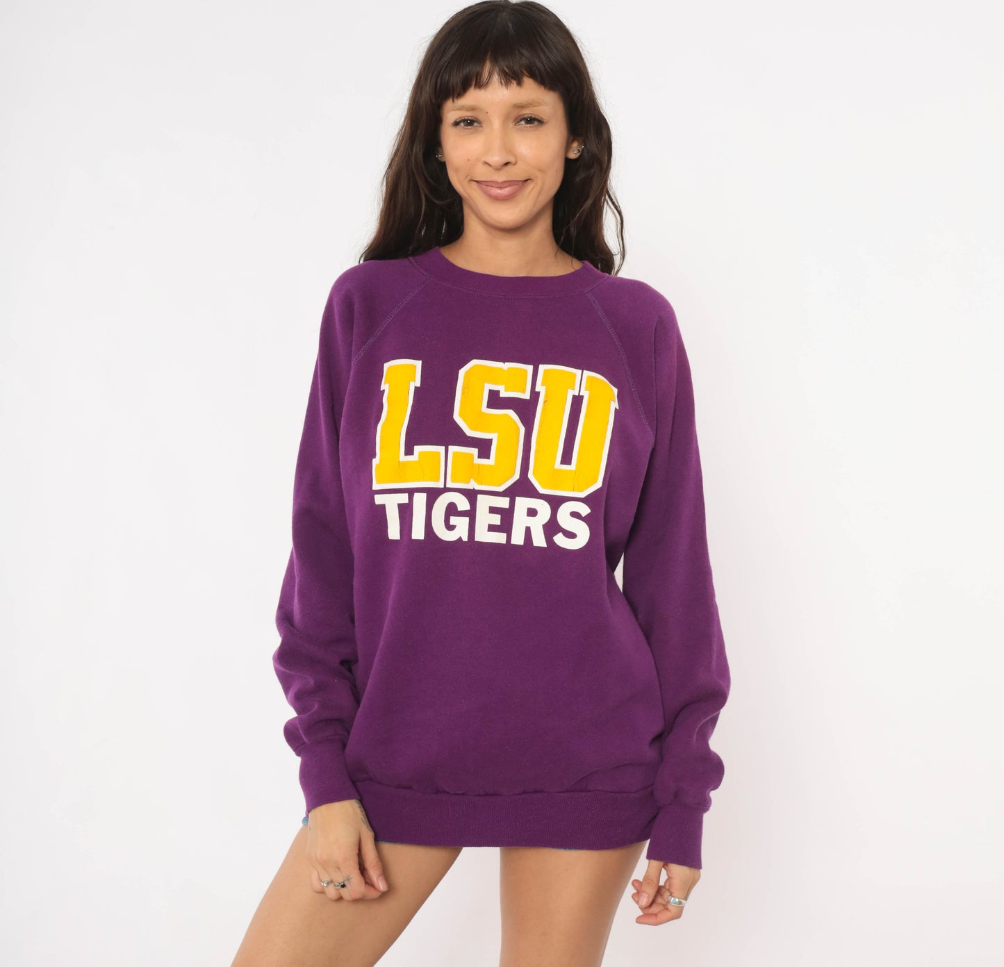LSU Tigers Sweatshirt 80s Purple Gold Collegiate Pullover Raglan Sleeve Plum Violet University Football Vintage Sweater Sports Large L