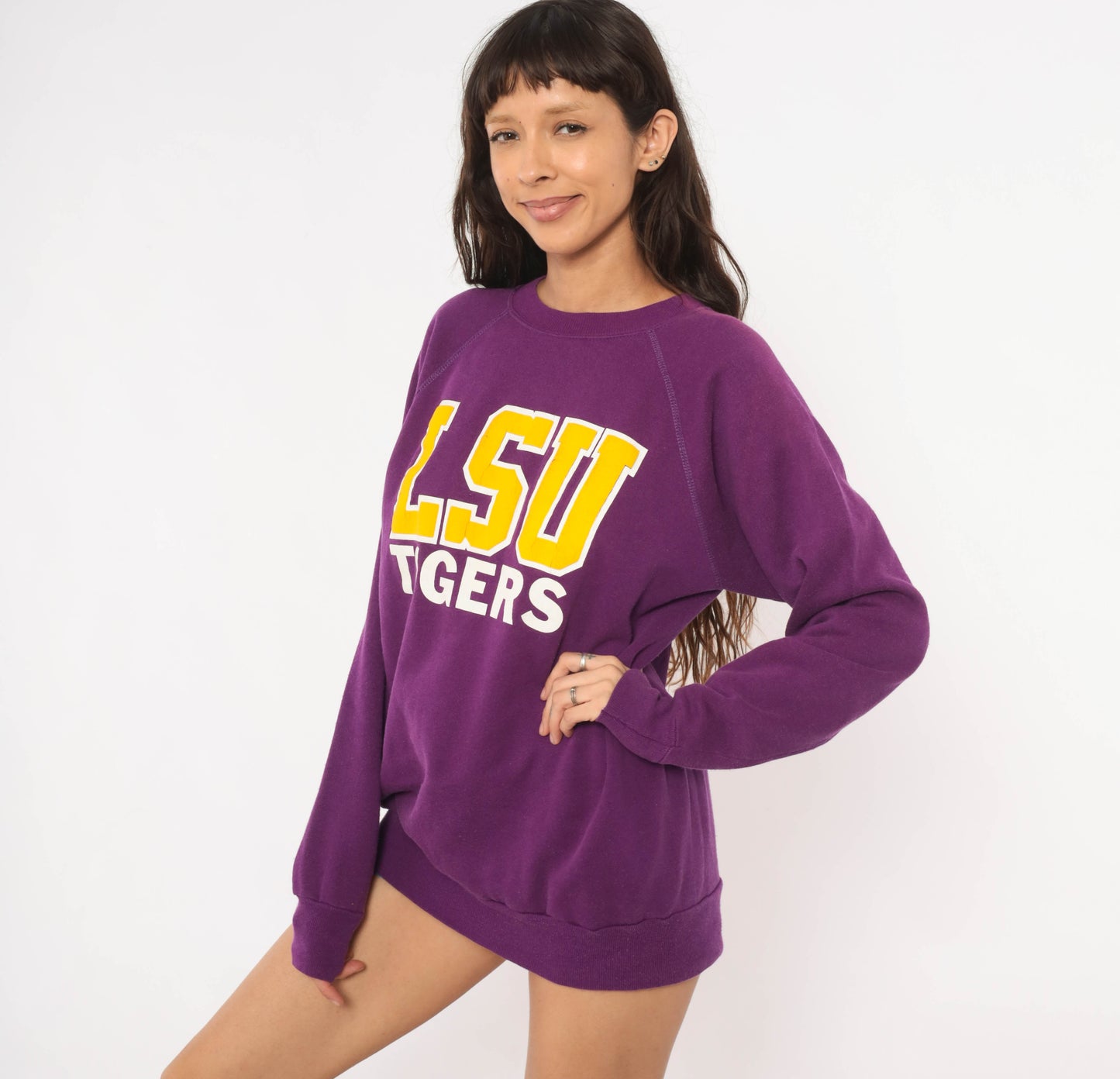 LSU Tigers Sweatshirt 80s Purple Gold Collegiate Pullover Raglan Sleeve Plum Violet University Football Vintage Sweater Sports Large L