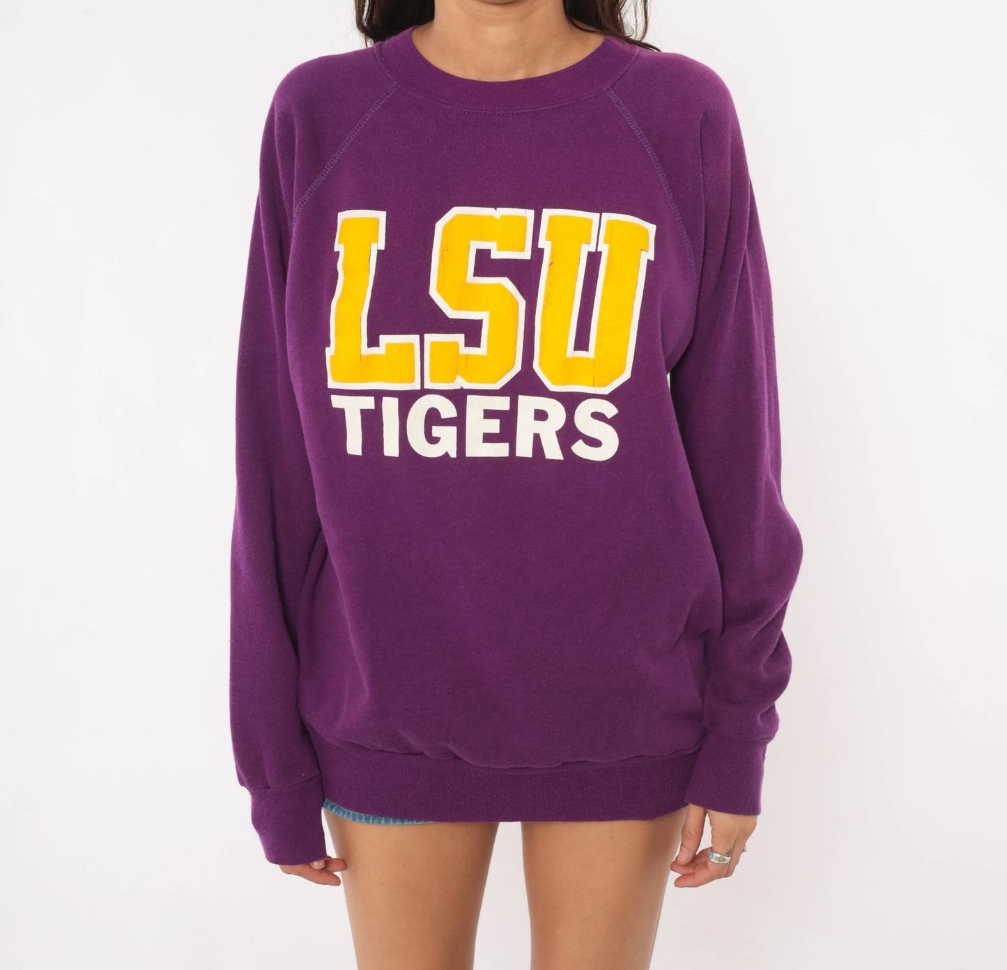 LSU Tigers Sweatshirt 80s Purple Gold Collegiate Pullover Raglan Sleeve Plum Violet University Football Vintage Sweater Sports Large L