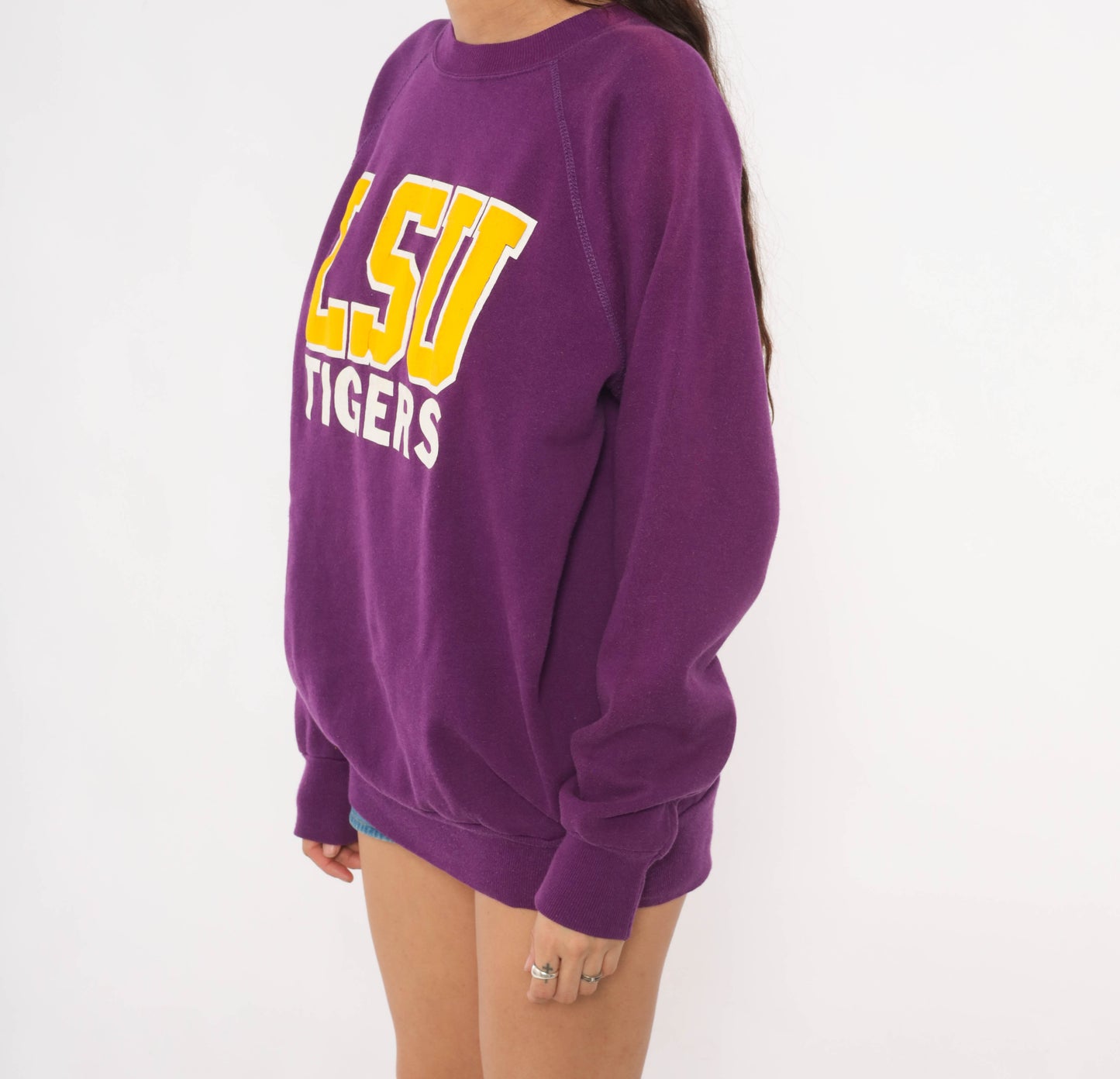 LSU Tigers Sweatshirt 80s Purple Gold Collegiate Pullover Raglan Sleeve Plum Violet University Football Vintage Sweater Sports Large L