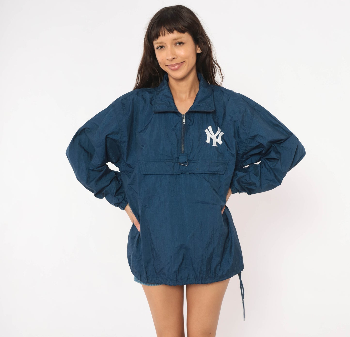 90s Yankees Pullover Windbreaker Navy Blue Half Zip Jacket Packable Pro Player MLB Baseball Sporty Streetwear Vintage Small Petite SP