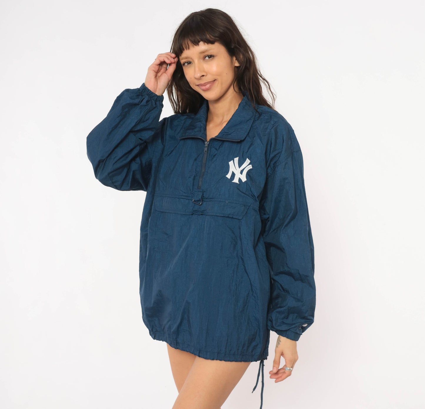 90s Yankees Pullover Windbreaker Navy Blue Half Zip Jacket Packable Pro Player MLB Baseball Sporty Streetwear Vintage Small Petite SP