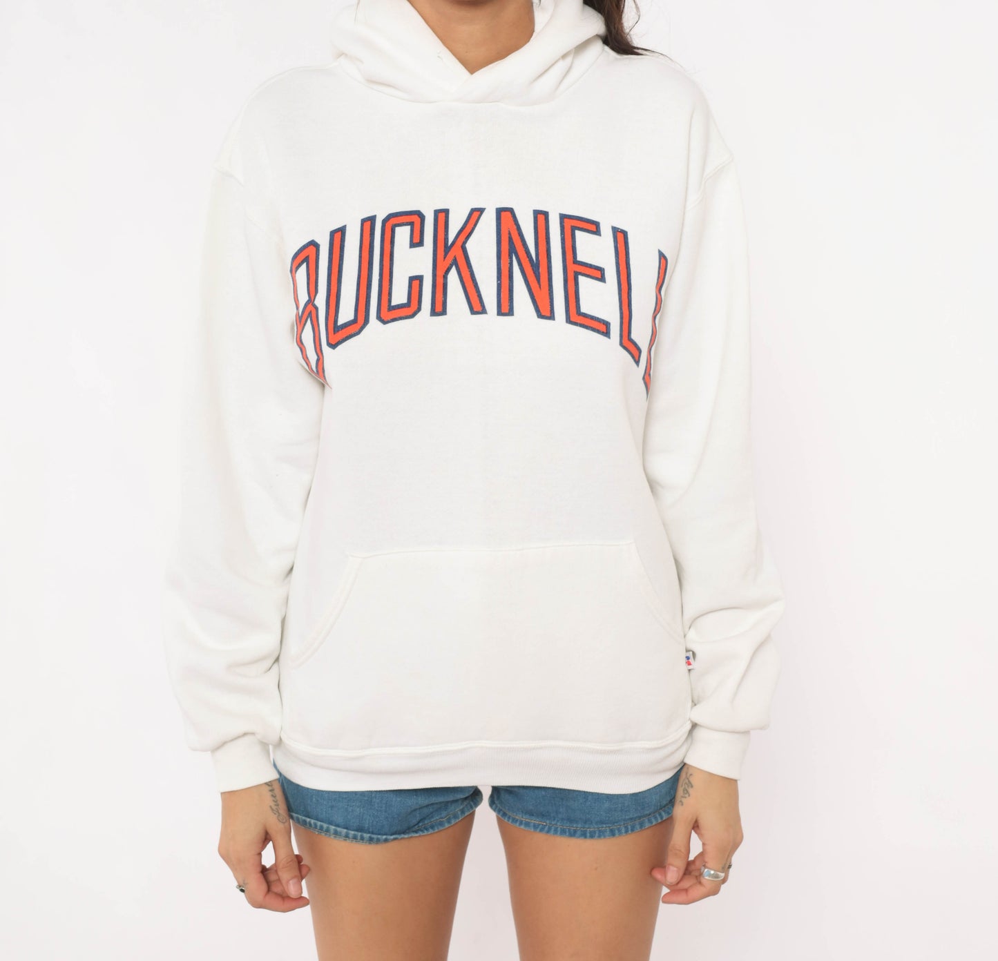 Bucknell University Hoodie 90s Russell Athletic Collegiate Pullover Sweatshirt White Kangaroo Pocket Logo Preppy Cream Hooded Top Medium M
