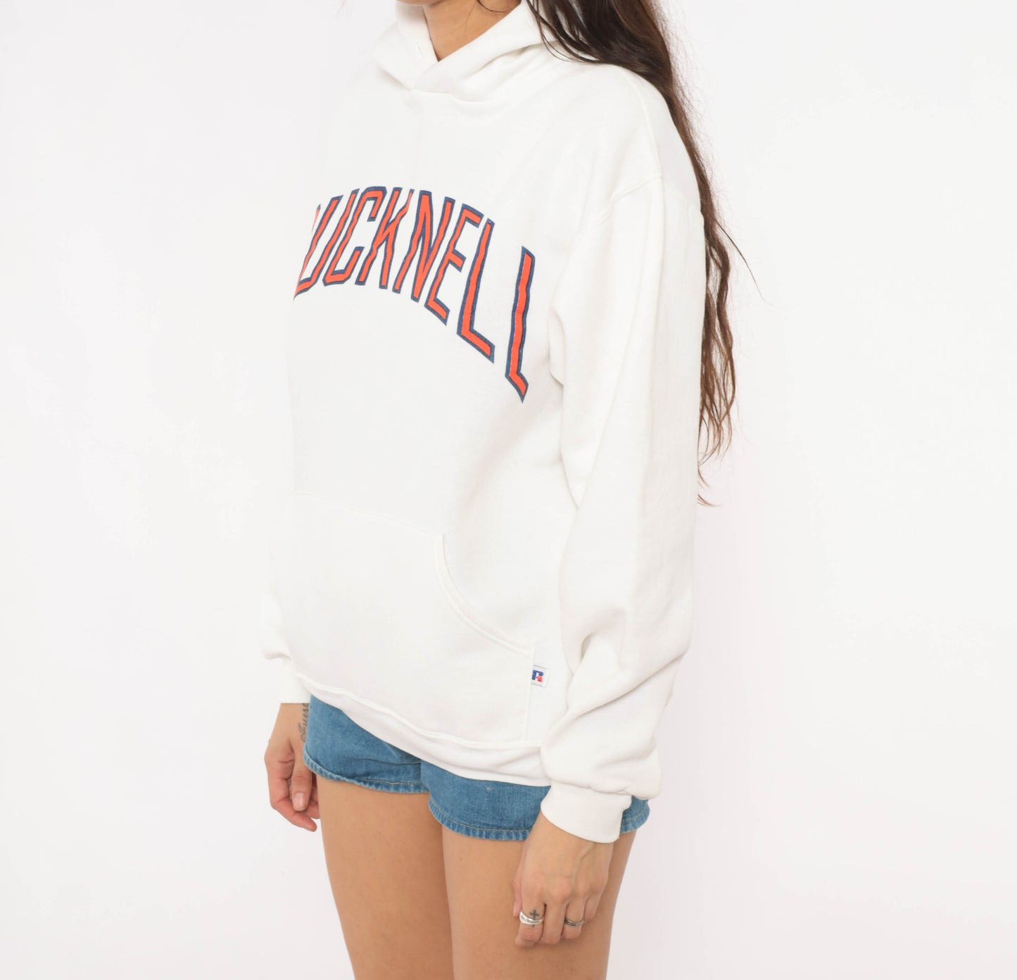 Bucknell University Hoodie 90s Russell Athletic Collegiate Pullover Sweatshirt White Kangaroo Pocket Logo Preppy Cream Hooded Top Medium M