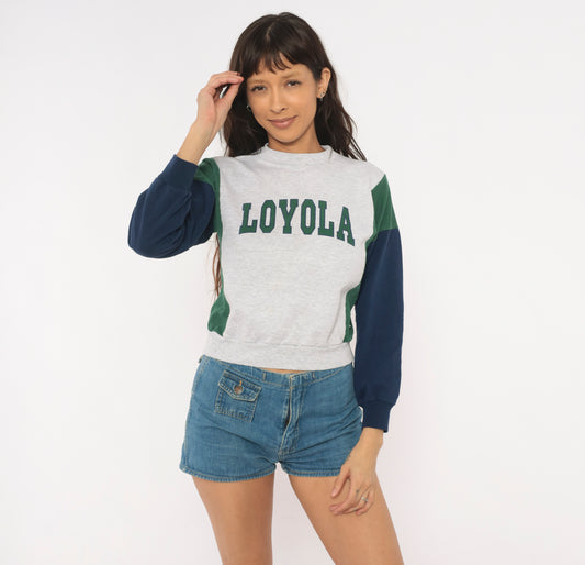 90s Loyola Colorblock Sweatshirt Grey Green Navy Blue Collegiate Varsity Pullover University Cropped Preppy Academic Vintage Extra Small XS