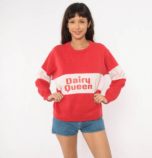 Dairy Queen Sweatshirt 90s Color Block Red White Stripe Branded Fast Food Logo Pullover Cotton Vintage Collegiate Sporty Sweater Medium M