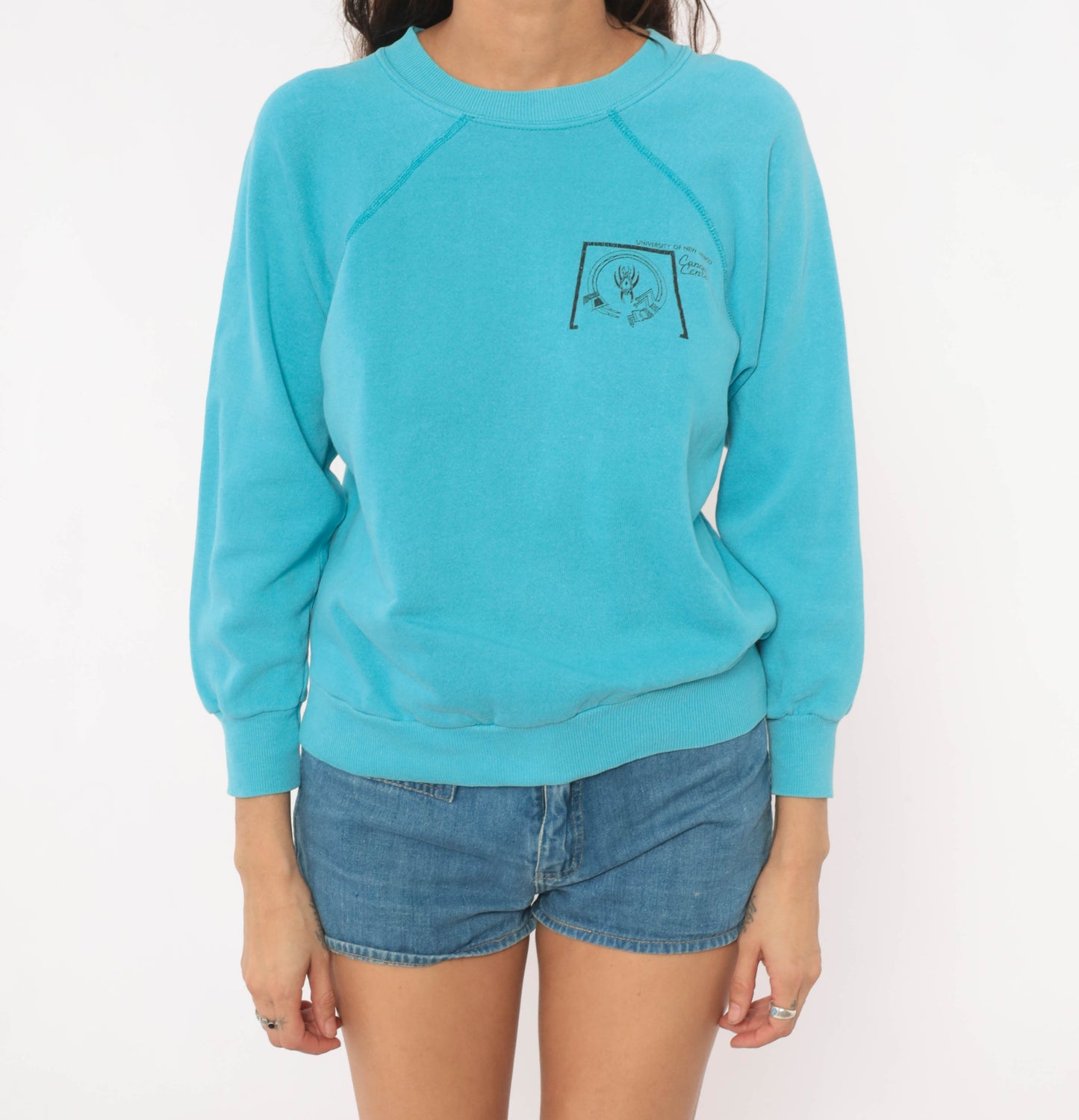 90s University New Mexico Cancer Center Teal Raglan Sleeve Pullover Sweatshirt Sky Blue Cotton Collegiate Academic Graphic Vintage Small S