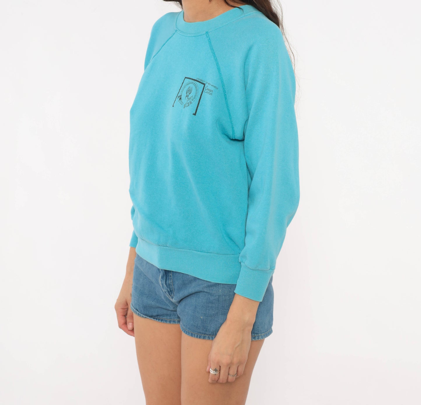 90s University New Mexico Cancer Center Teal Raglan Sleeve Pullover Sweatshirt Sky Blue Cotton Collegiate Academic Graphic Vintage Small S