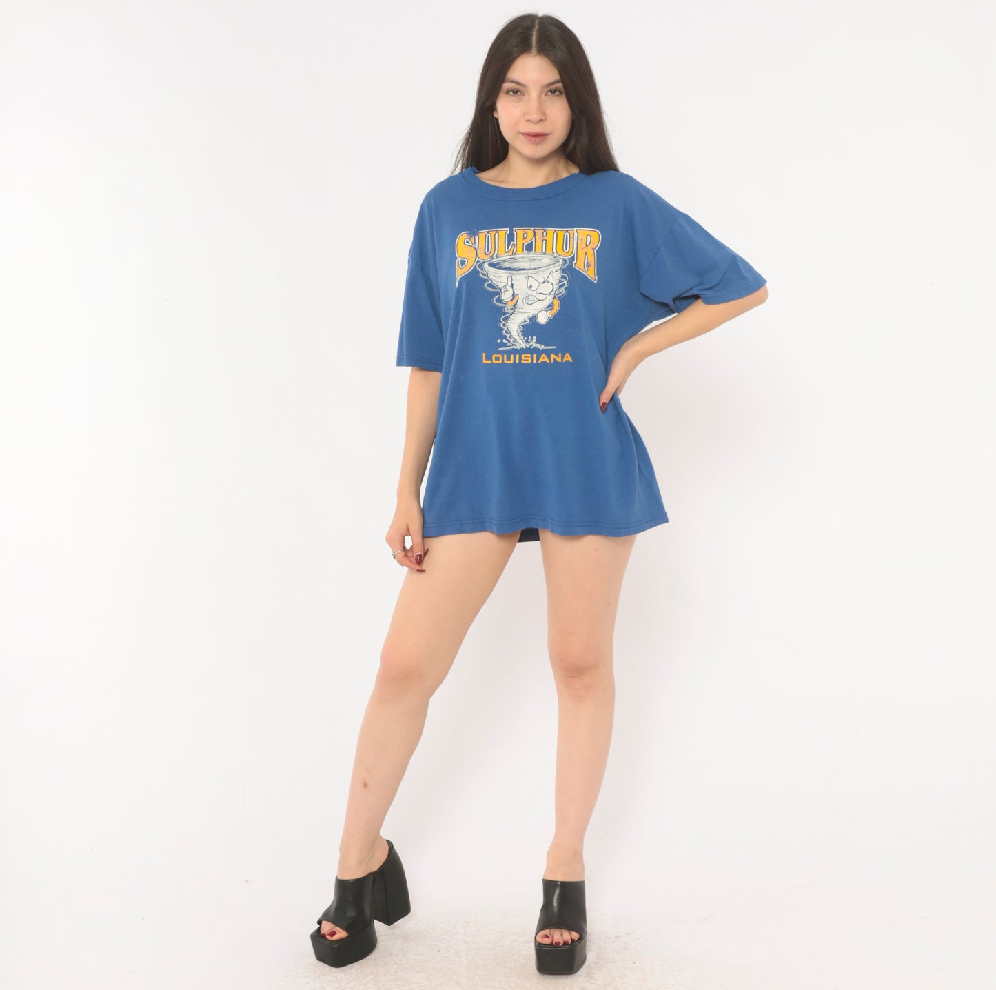Sulphur Louisiana Tornado Tee 90s School Mascot Graphic Print Blue Gold Short Sleeve Spirit Shirt Vintage Jerzees Cotton Boxy Fit Large L