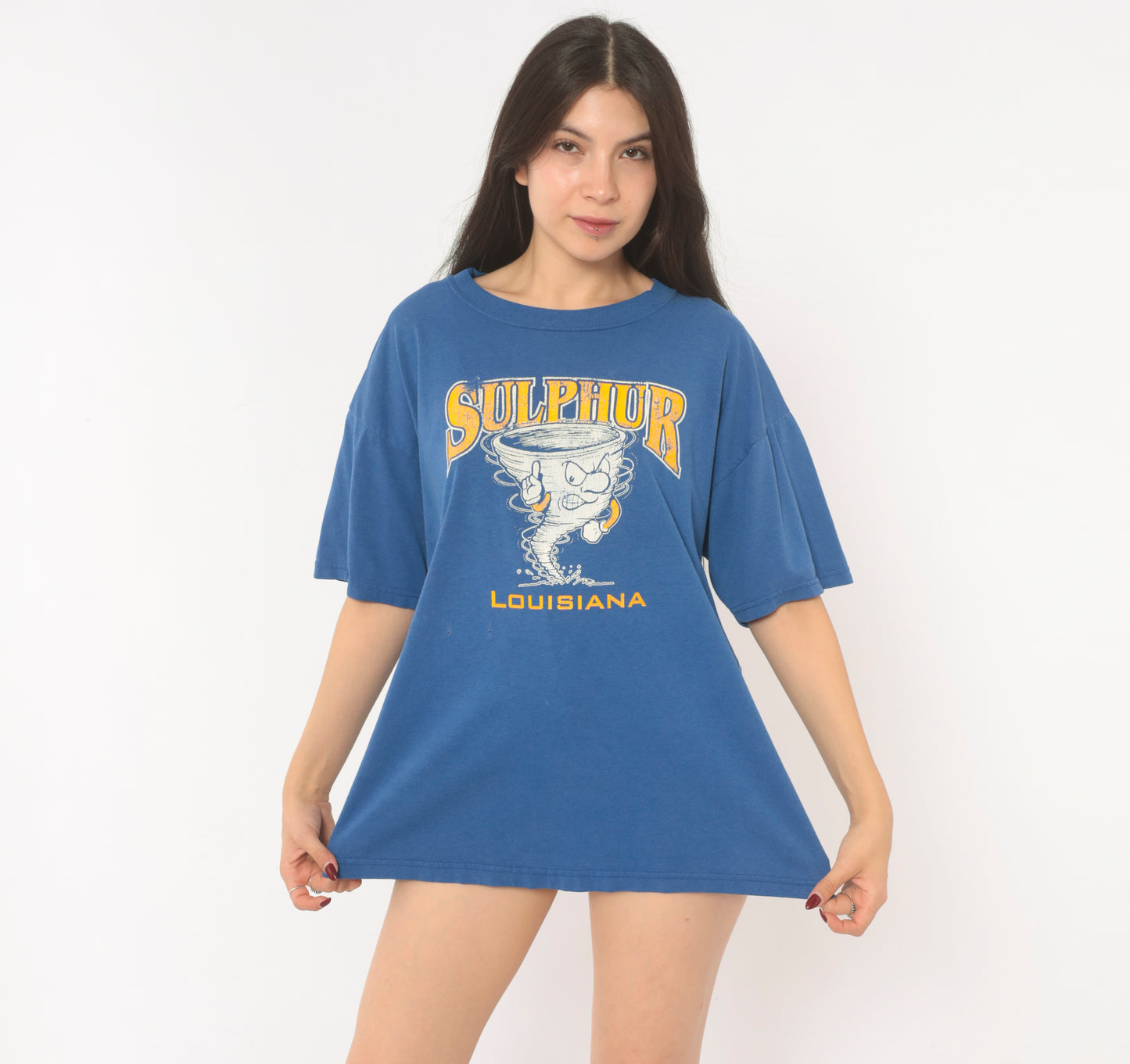 Sulphur Louisiana Tornado Tee 90s School Mascot Graphic Print Blue Gold Short Sleeve Spirit Shirt Vintage Jerzees Cotton Boxy Fit Large L