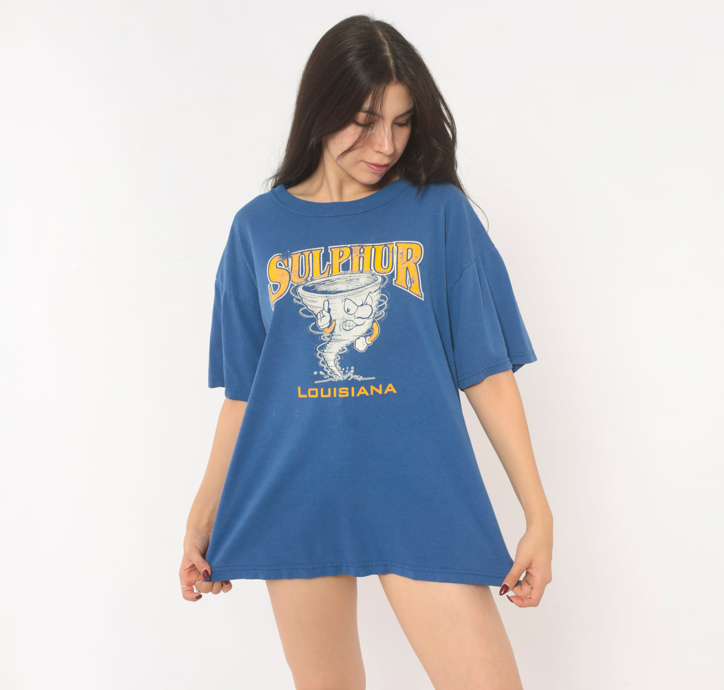 Sulphur Louisiana Tornado Tee 90s School Mascot Graphic Print Blue Gold Short Sleeve Spirit Shirt Vintage Jerzees Cotton Boxy Fit Large L