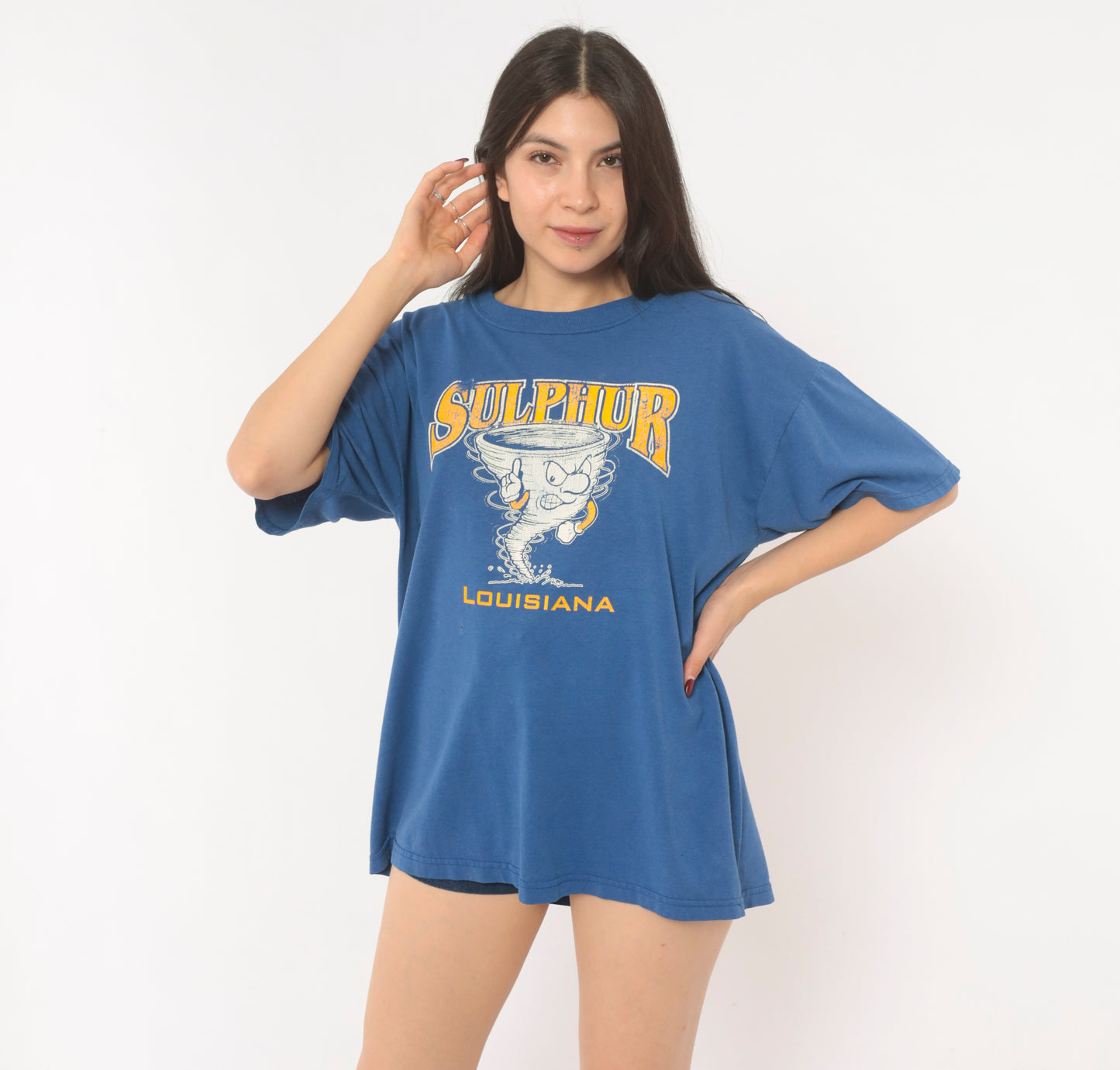 Sulphur Louisiana Tornado Tee 90s School Mascot Graphic Print Blue Gold Short Sleeve Spirit Shirt Vintage Jerzees Cotton Boxy Fit Large L