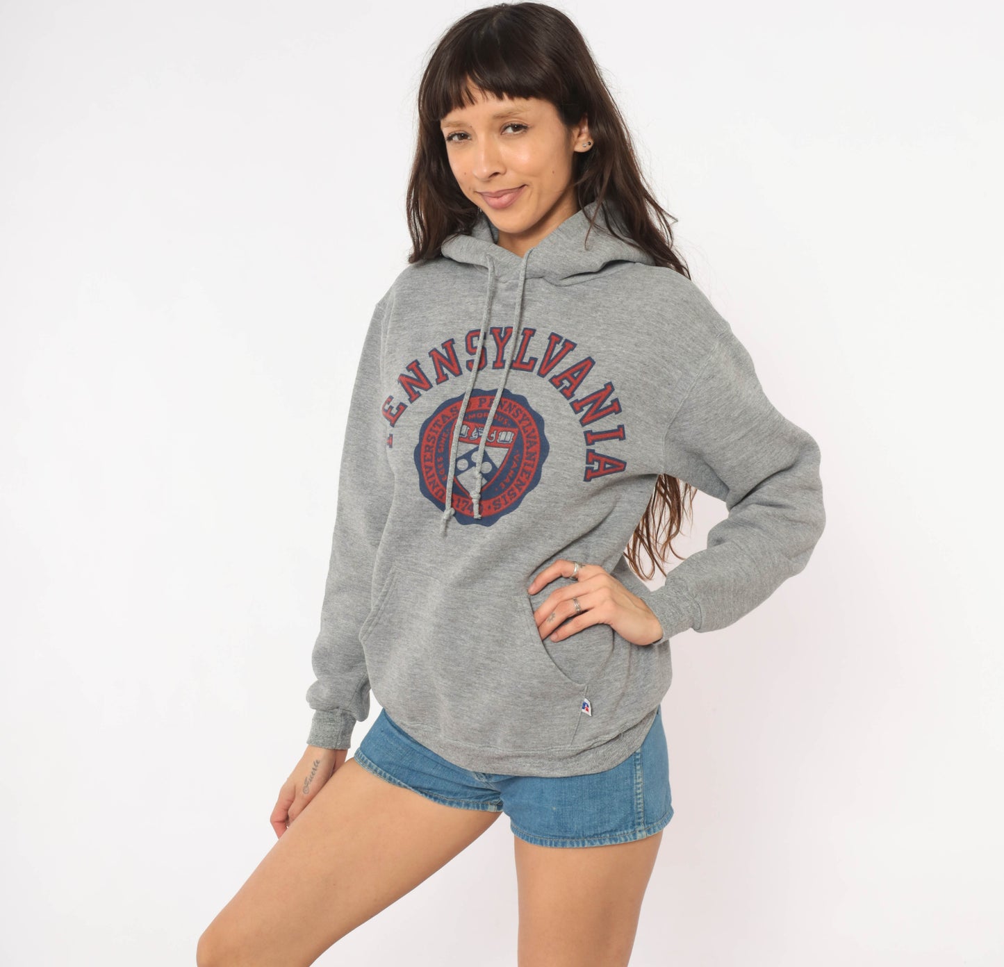 Y2K Pennsylvania University Hoodie Grey Pullover Sweatshirt Russell Athletic Crest Pocket Collegiate Preppy League Ash Hooded Top Medium M