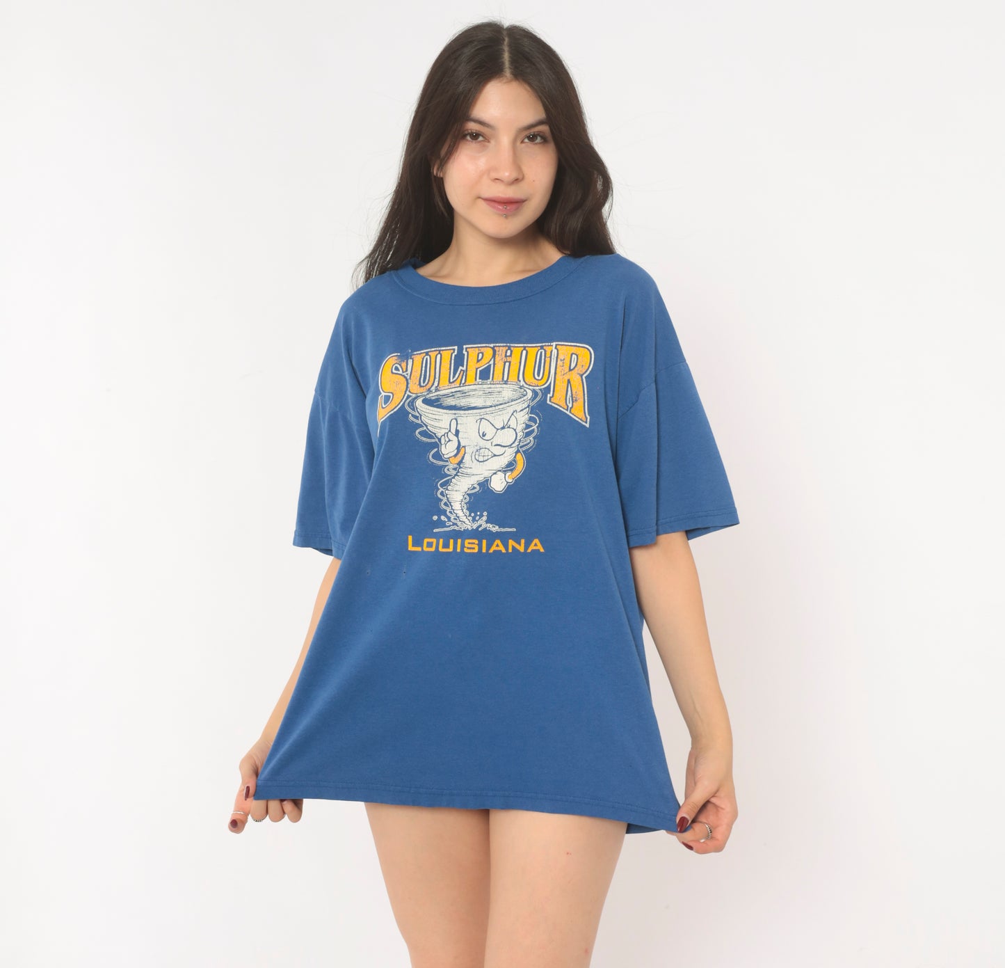 Sulphur Louisiana Tornado Tee 90s School Mascot Graphic Print Blue Gold Short Sleeve Spirit Shirt Vintage Jerzees Cotton Boxy Fit Large L