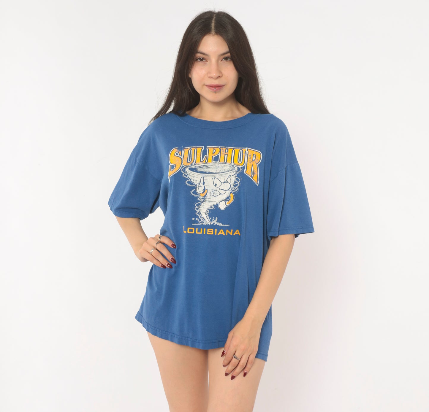 Sulphur Louisiana Tornado Tee 90s School Mascot Graphic Print Blue Gold Short Sleeve Spirit Shirt Vintage Jerzees Cotton Boxy Fit Large L