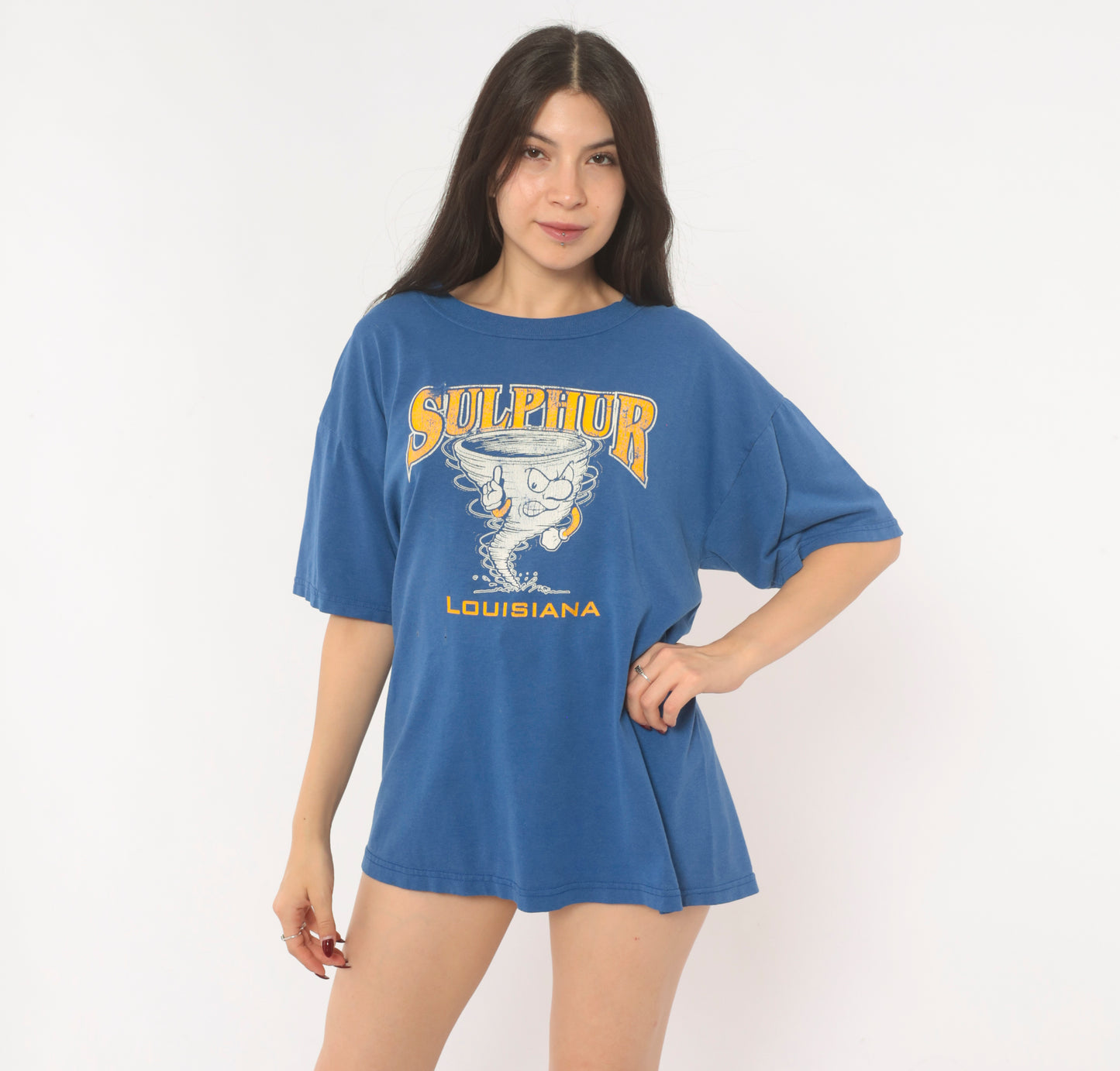 Sulphur Louisiana Tornado Tee 90s School Mascot Graphic Print Blue Gold Short Sleeve Spirit Shirt Vintage Jerzees Cotton Boxy Fit Large L