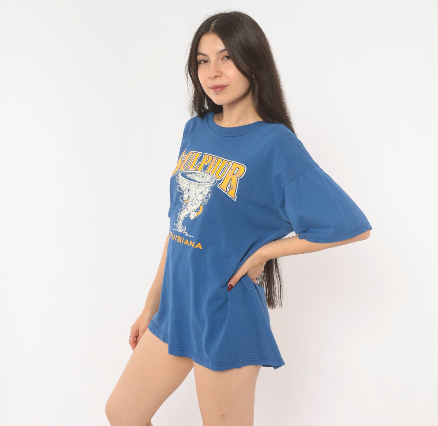 Sulphur Louisiana Tornado Tee 90s School Mascot Graphic Print Blue Gold Short Sleeve Spirit Shirt Vintage Jerzees Cotton Boxy Fit Large L