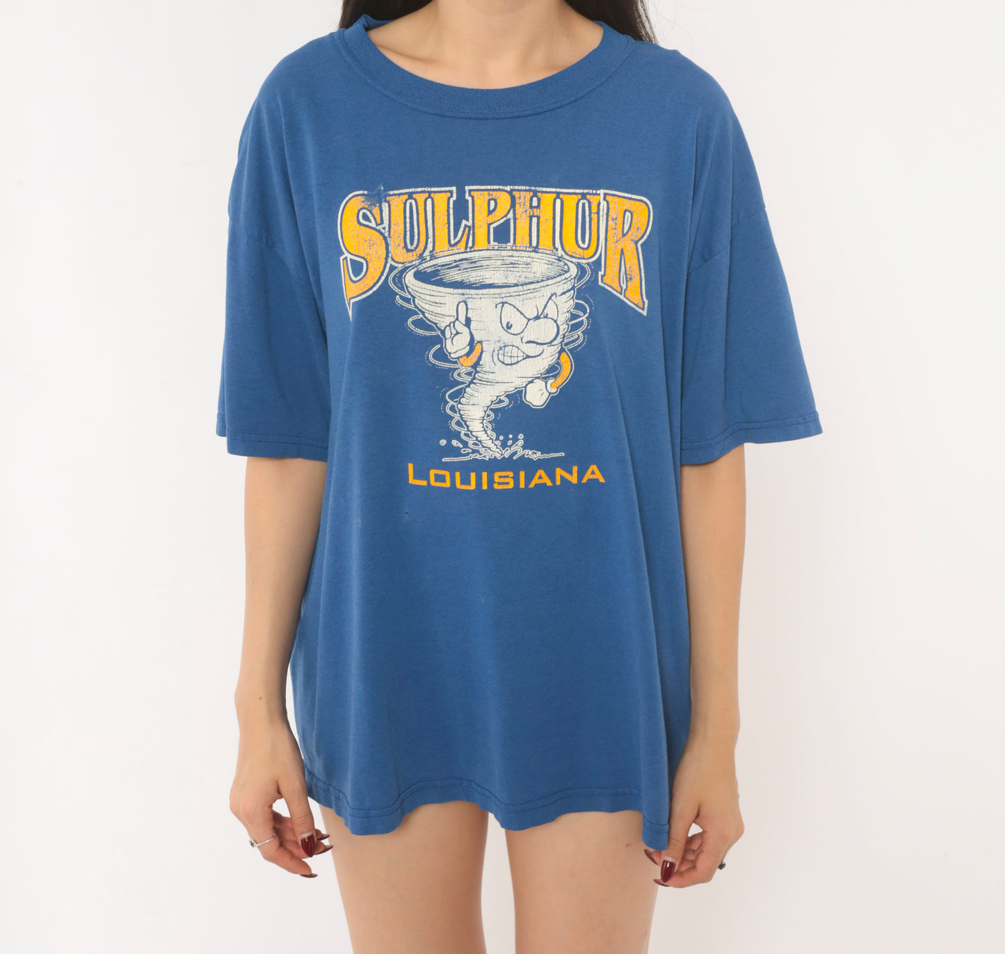 Sulphur Louisiana Tornado Tee 90s School Mascot Graphic Print Blue Gold Short Sleeve Spirit Shirt Vintage Jerzees Cotton Boxy Fit Large L