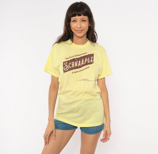 80s Schnaaple Liquor Tee Print Alcohol Shirt Yellow Brown Graphic Double Sided Cotton Crew Neck Short Sleeve Funny Vintage Humor Medium M