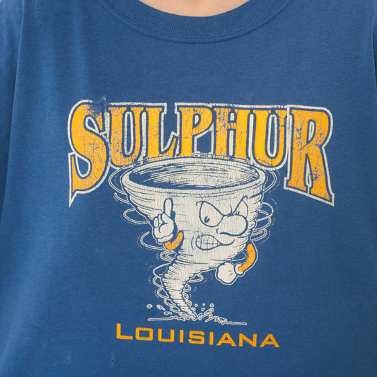 Sulphur Louisiana Tornado Tee 90s School Mascot Graphic Print Blue Gold Short Sleeve Spirit Shirt Vintage Jerzees Cotton Boxy Fit Large L