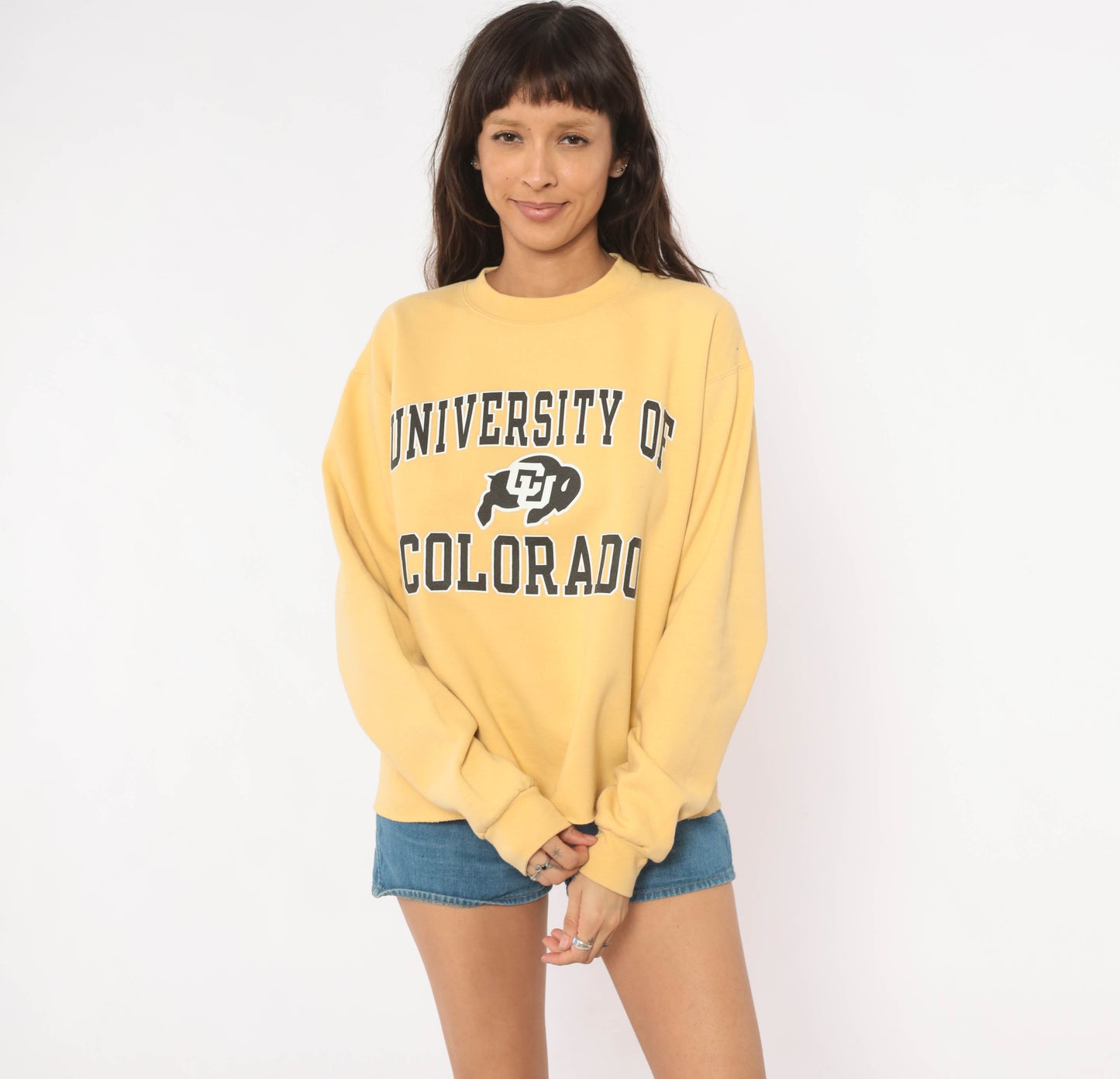 Y2K Gold Champion Sweatshirt University Of Colorado Buffaloes CU Pullover Collegiate Varsity Yellow Mustard Sporty Campus Athletic Medium M