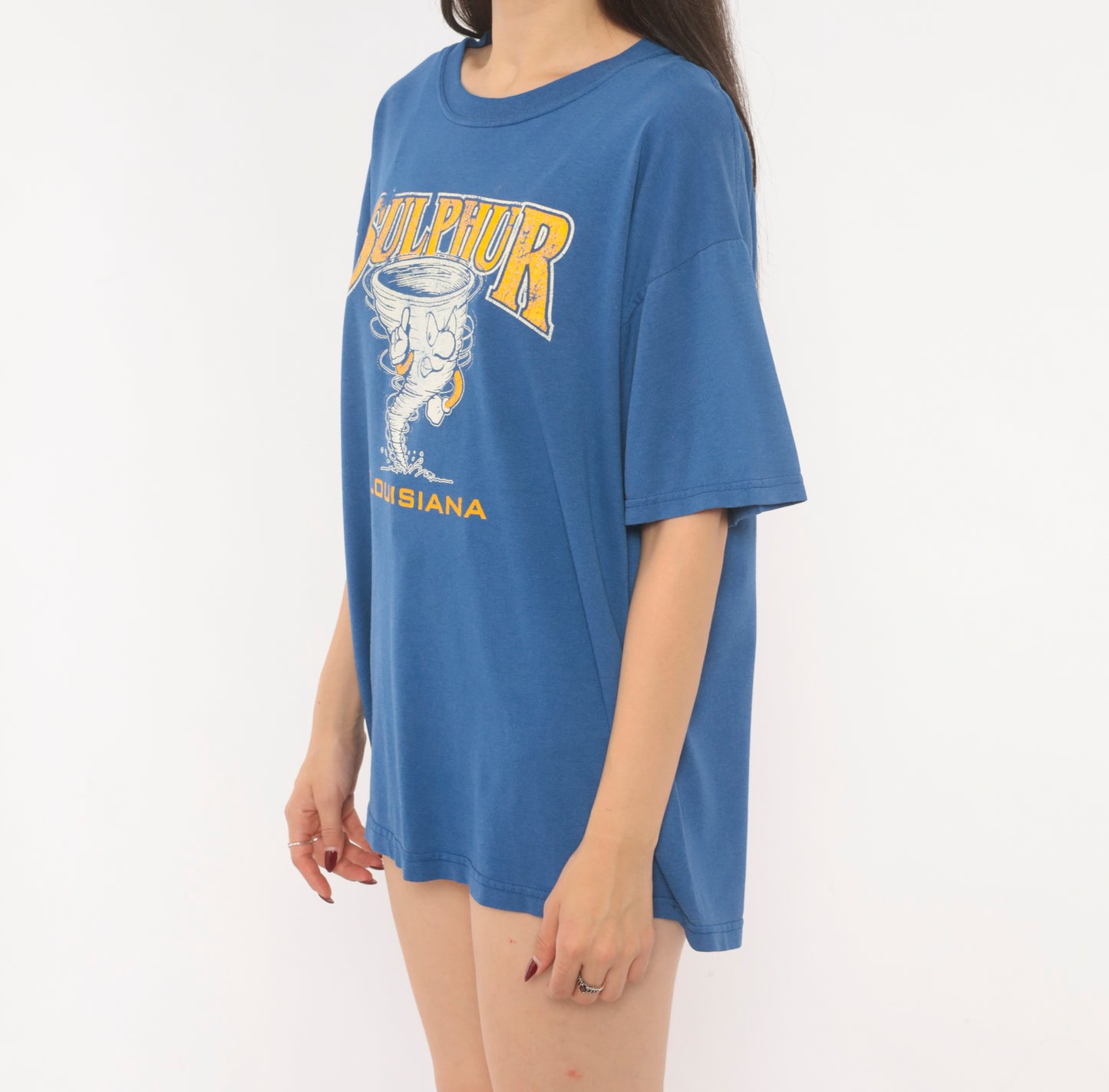 Sulphur Louisiana Tornado Tee 90s School Mascot Graphic Print Blue Gold Short Sleeve Spirit Shirt Vintage Jerzees Cotton Boxy Fit Large L