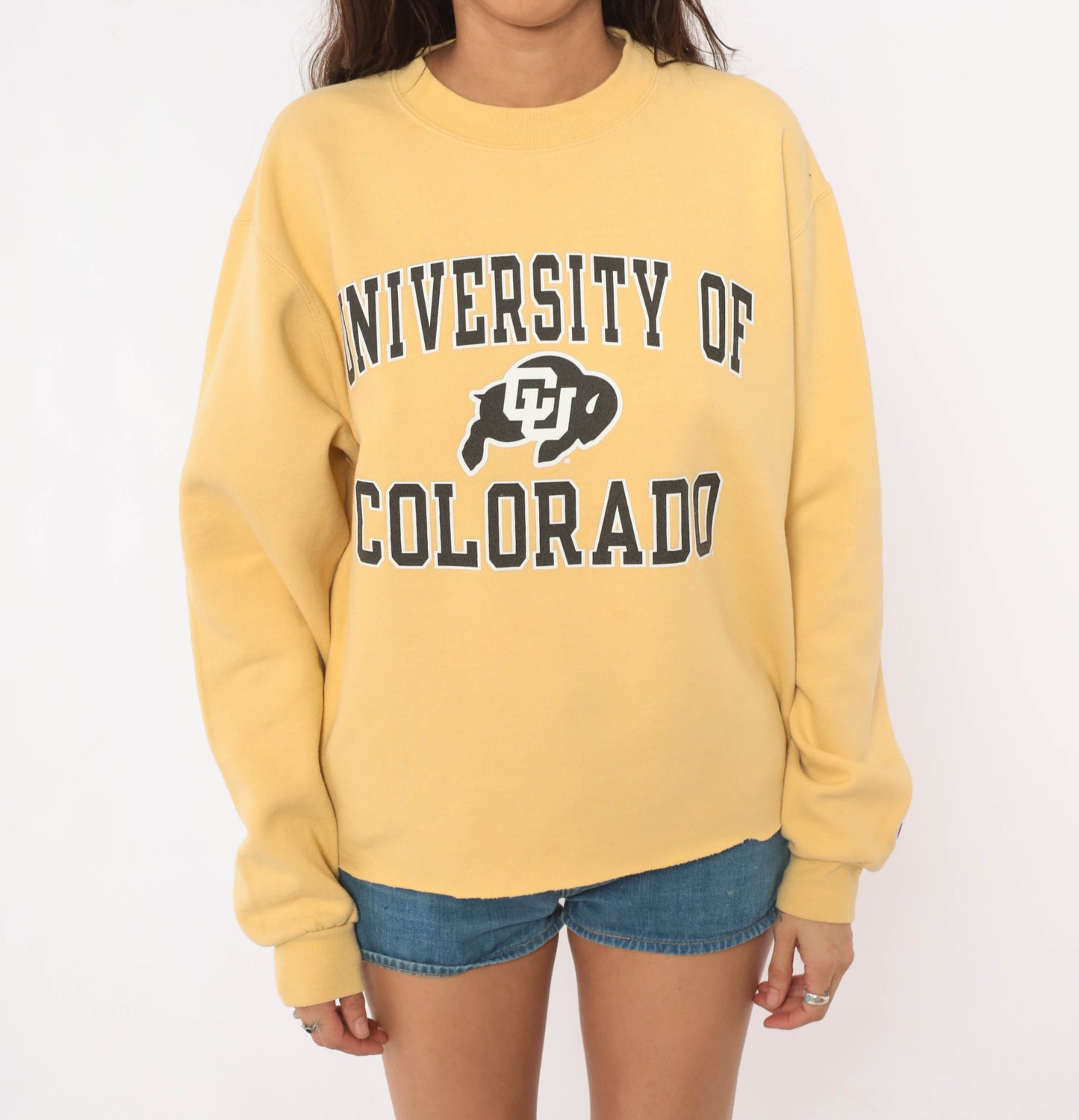 Y2K Gold Champion Sweatshirt University Of Colorado Buffaloes CU Pullover Collegiate Varsity Yellow Mustard Sporty Campus Athletic Medium M