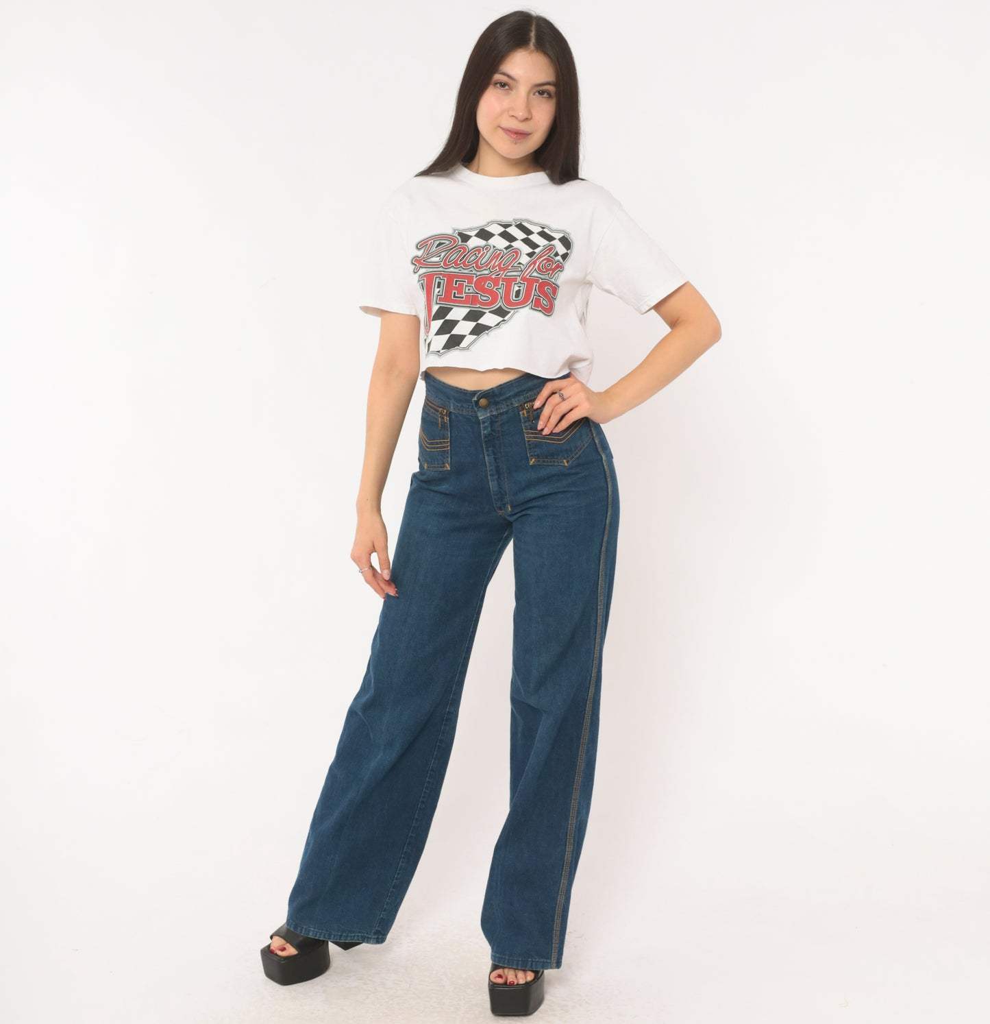 Racing For Jesus Crop Top White Checkered Flag Graphic Tee 2000s Motorsport Print Cotton Cropped Shirt Number Seven Novelty Small S
