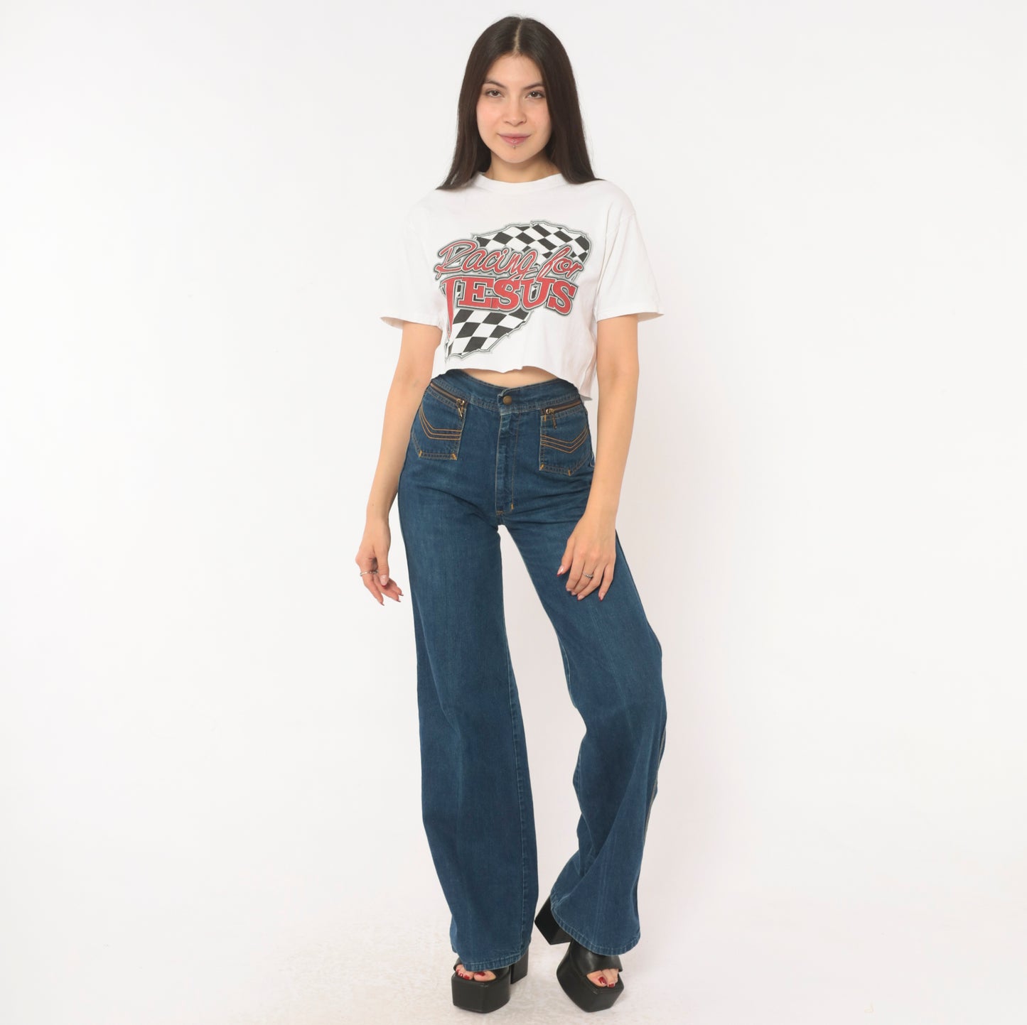 Racing For Jesus Crop Top White Checkered Flag Graphic Tee 2000s Motorsport Print Cotton Cropped Shirt Number Seven Novelty Small S