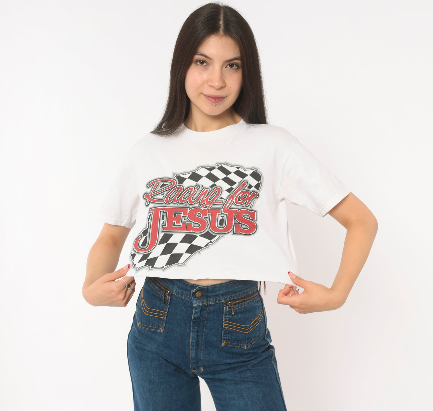 Racing For Jesus Crop Top White Checkered Flag Graphic Tee 2000s Motorsport Print Cotton Cropped Shirt Number Seven Novelty Small S