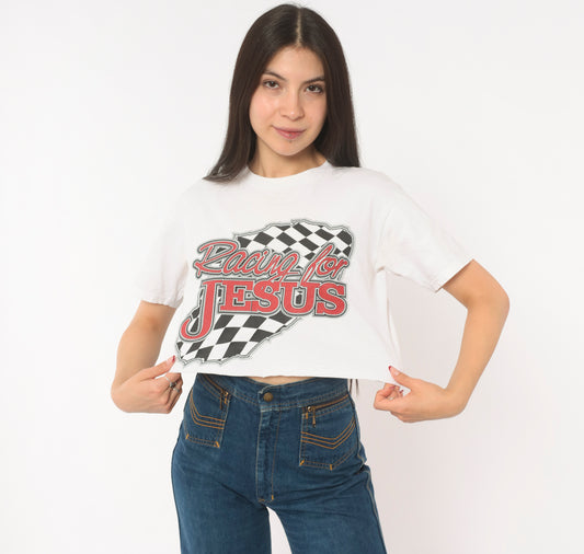 Racing For Jesus Crop Top White Checkered Flag Graphic Tee 2000s Motorsport Print Cotton Cropped Shirt Number Seven Novelty Small S