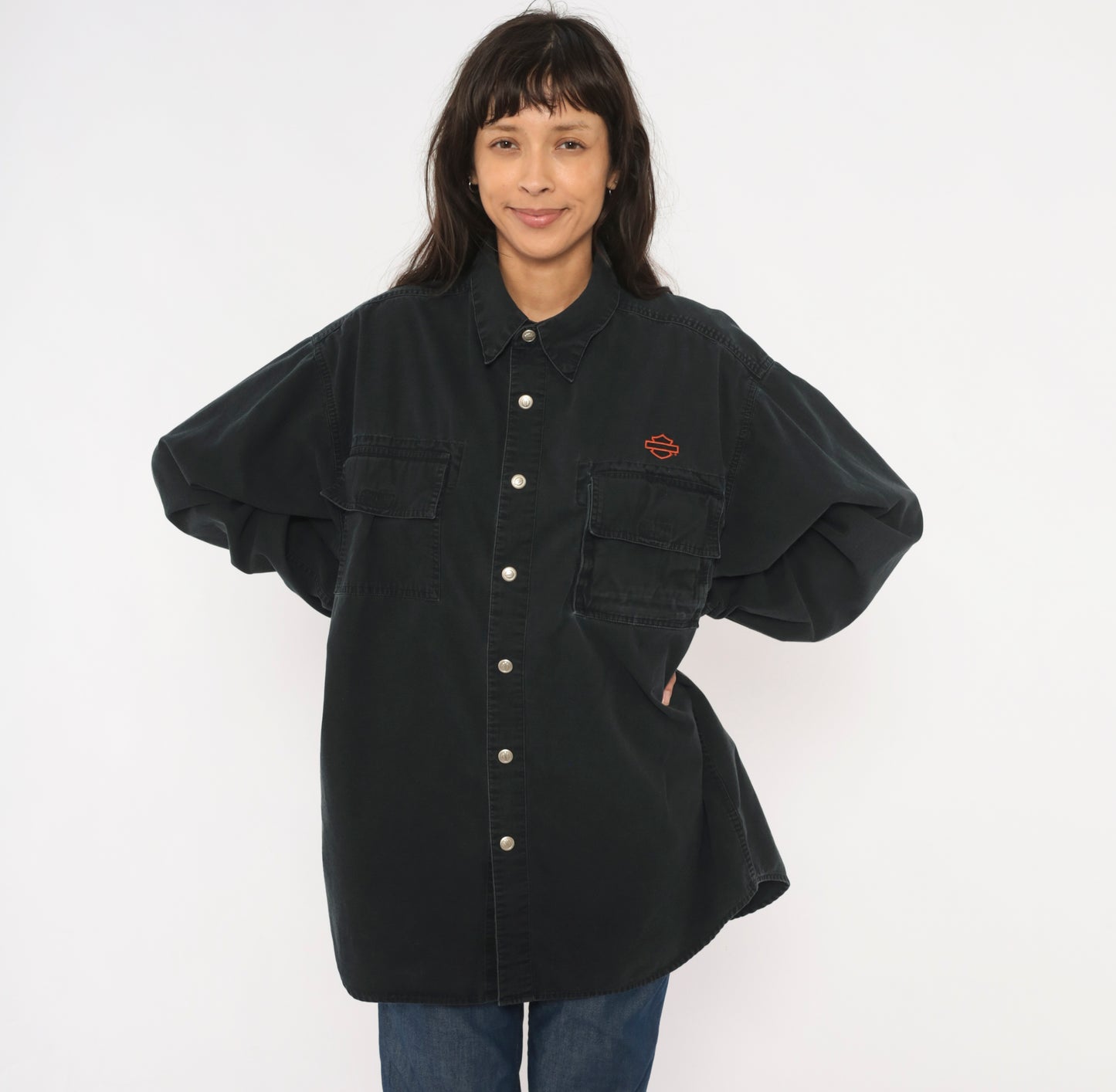 Harley Davidson Snap Button Shirt Black Cotton Work Top Motorcycle Logo Biker Collar Pocket Tall Vintage 90s Grunge Riding Extra Large XL