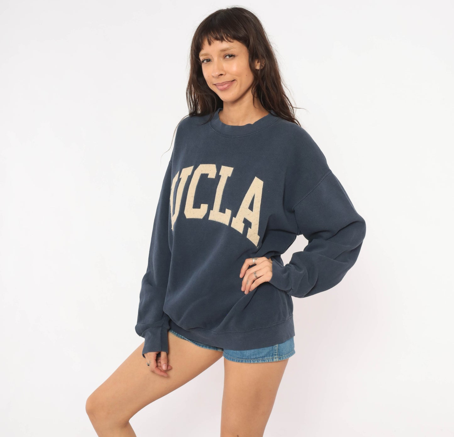 90s UCLA Sweatshirt Navy Blue Jansport Collegiate Pullover Spell Out Arch University Bruins Faded Cotton Relaxed Fit Vintage Unisex Large L