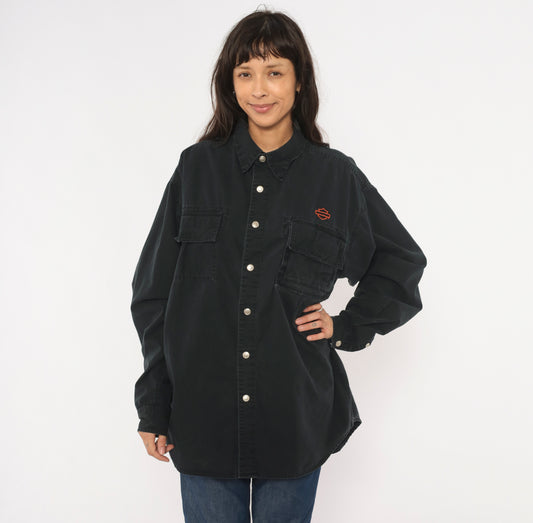 Harley Davidson Snap Button Shirt Black Cotton Work Top Motorcycle Logo Biker Collar Pocket Tall Vintage 90s Grunge Riding Extra Large XL