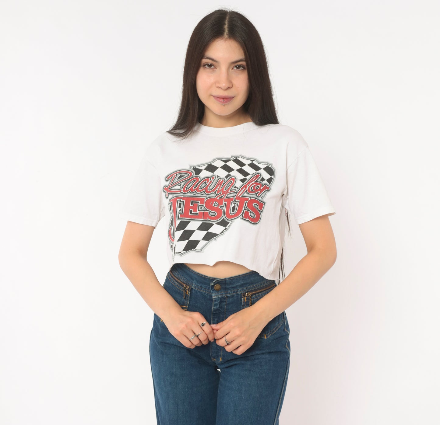 Racing For Jesus Crop Top White Checkered Flag Graphic Tee 2000s Motorsport Print Cotton Cropped Shirt Number Seven Novelty Small S