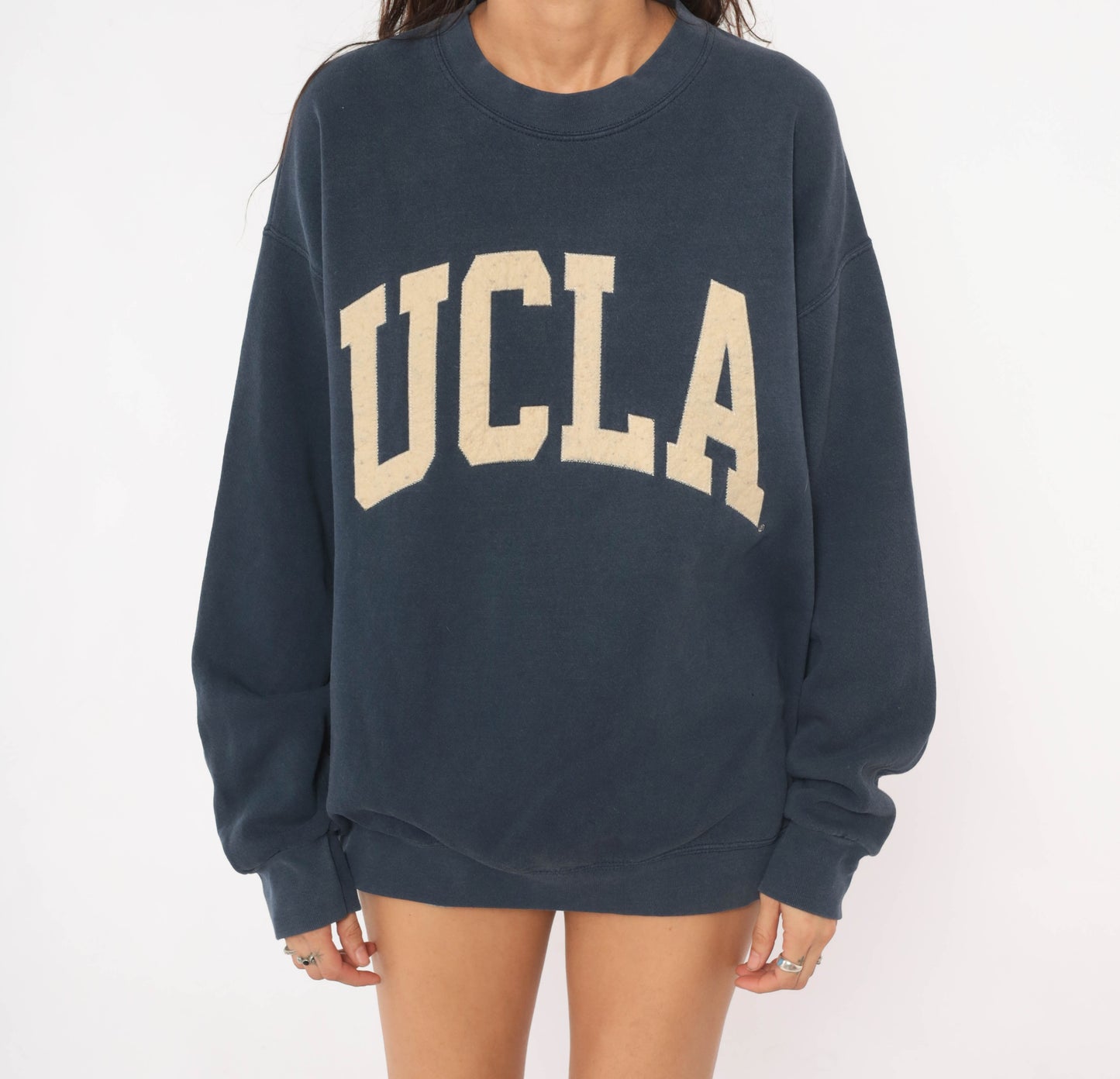 90s UCLA Sweatshirt Navy Blue Jansport Collegiate Pullover Spell Out Arch University Bruins Faded Cotton Relaxed Fit Vintage Unisex Large L