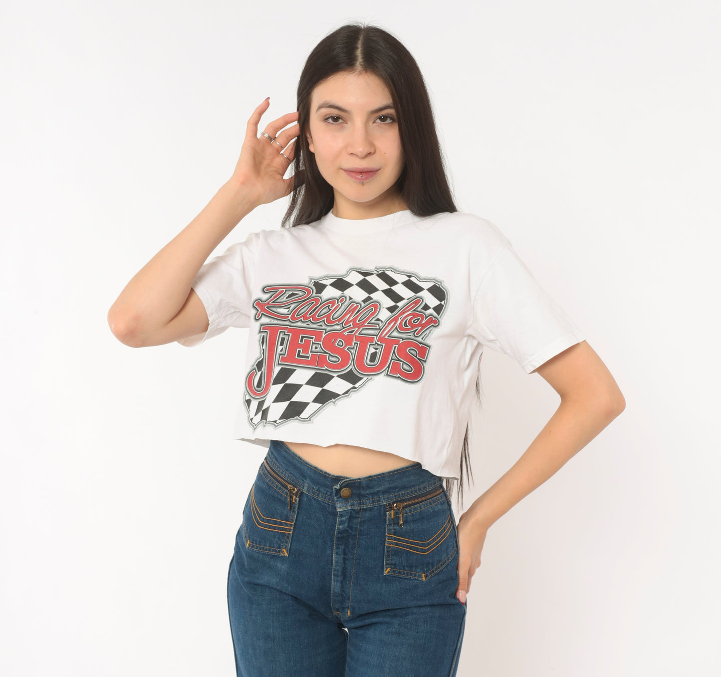 Racing For Jesus Crop Top White Checkered Flag Graphic Tee 2000s Motorsport Print Cotton Cropped Shirt Number Seven Novelty Small S