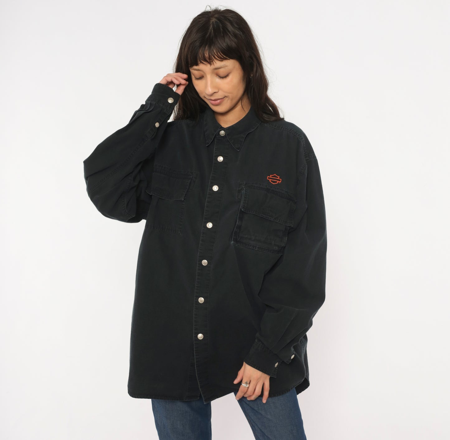 Harley Davidson Snap Button Shirt Black Cotton Work Top Motorcycle Logo Biker Collar Pocket Tall Vintage 90s Grunge Riding Extra Large XL