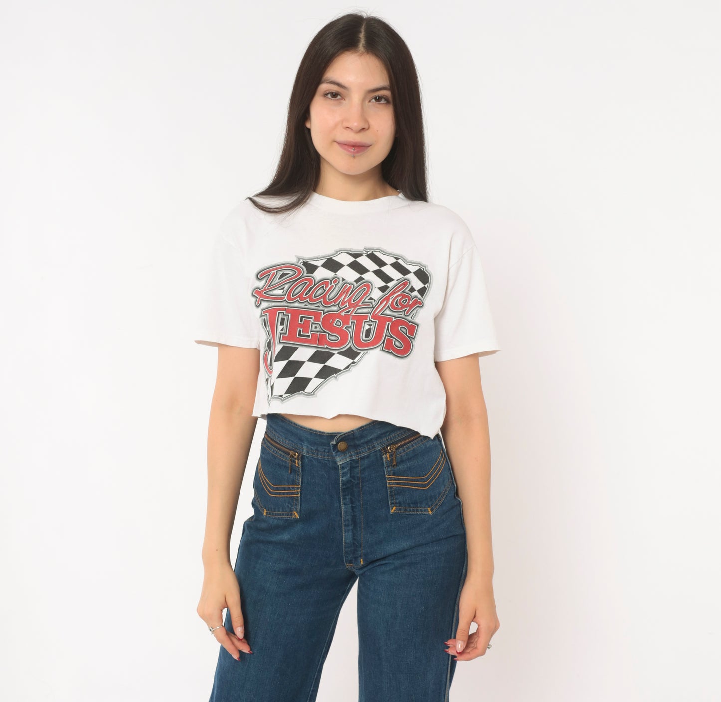 Racing For Jesus Crop Top White Checkered Flag Graphic Tee 2000s Motorsport Print Cotton Cropped Shirt Number Seven Novelty Small S