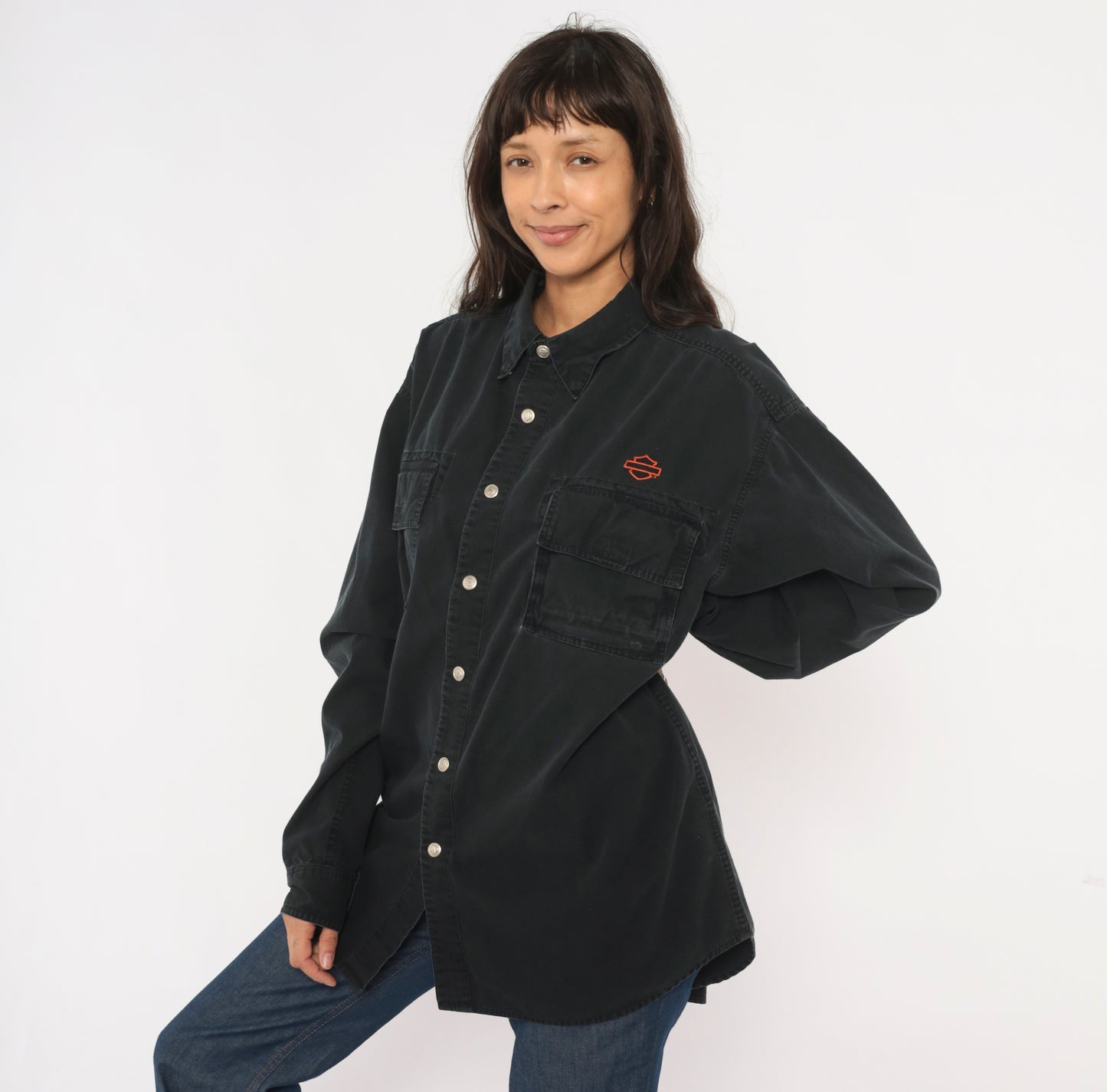 Harley Davidson Snap Button Shirt Black Cotton Work Top Motorcycle Logo Biker Collar Pocket Tall Vintage 90s Grunge Riding Extra Large XL