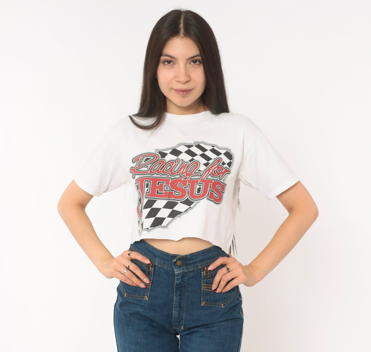 Racing For Jesus Crop Top White Checkered Flag Graphic Tee 2000s Motorsport Print Cotton Cropped Shirt Number Seven Novelty Small S