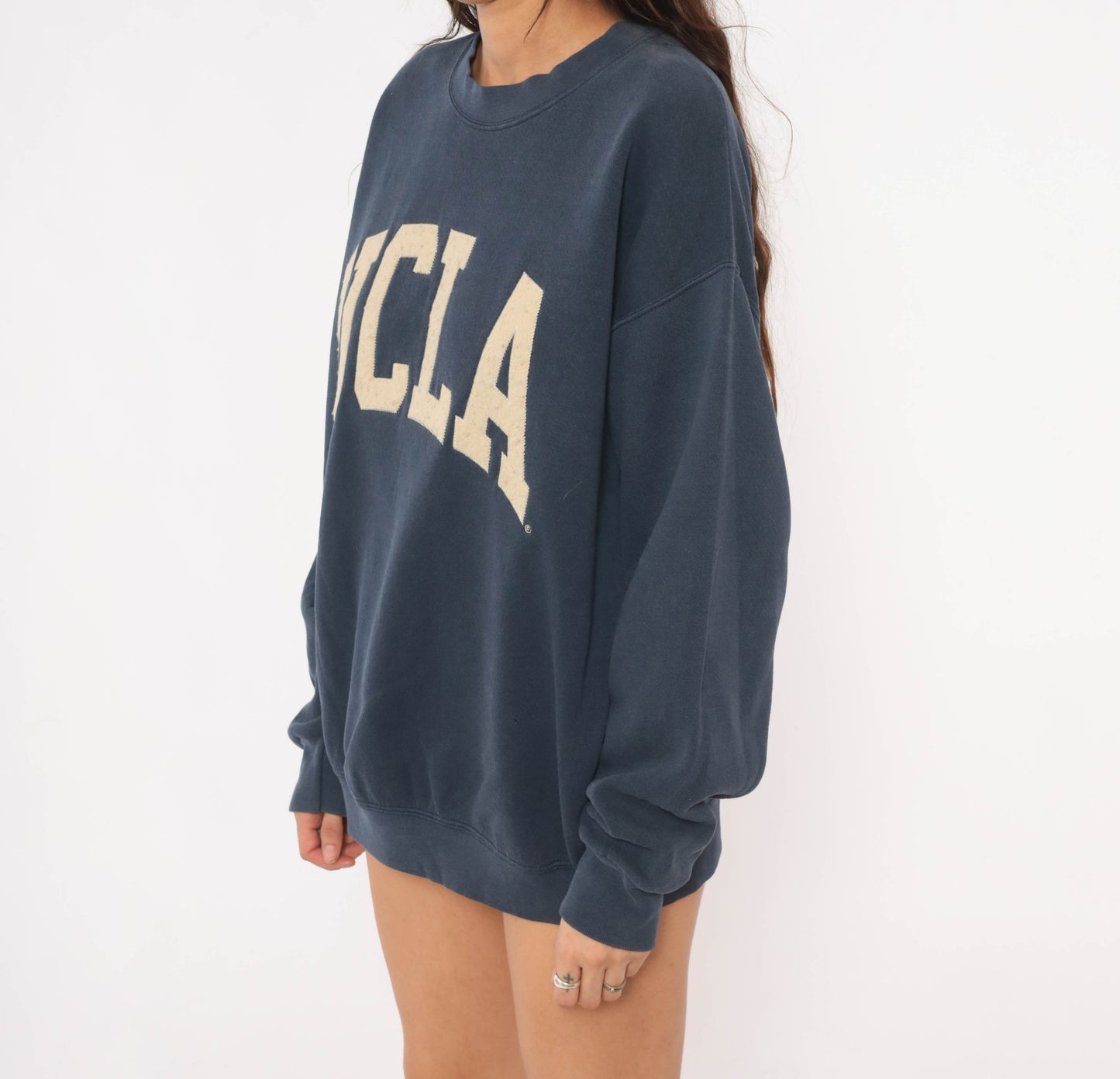 90s UCLA Sweatshirt Navy Blue Jansport Collegiate Pullover Spell Out Arch University Bruins Faded Cotton Relaxed Fit Vintage Unisex Large L